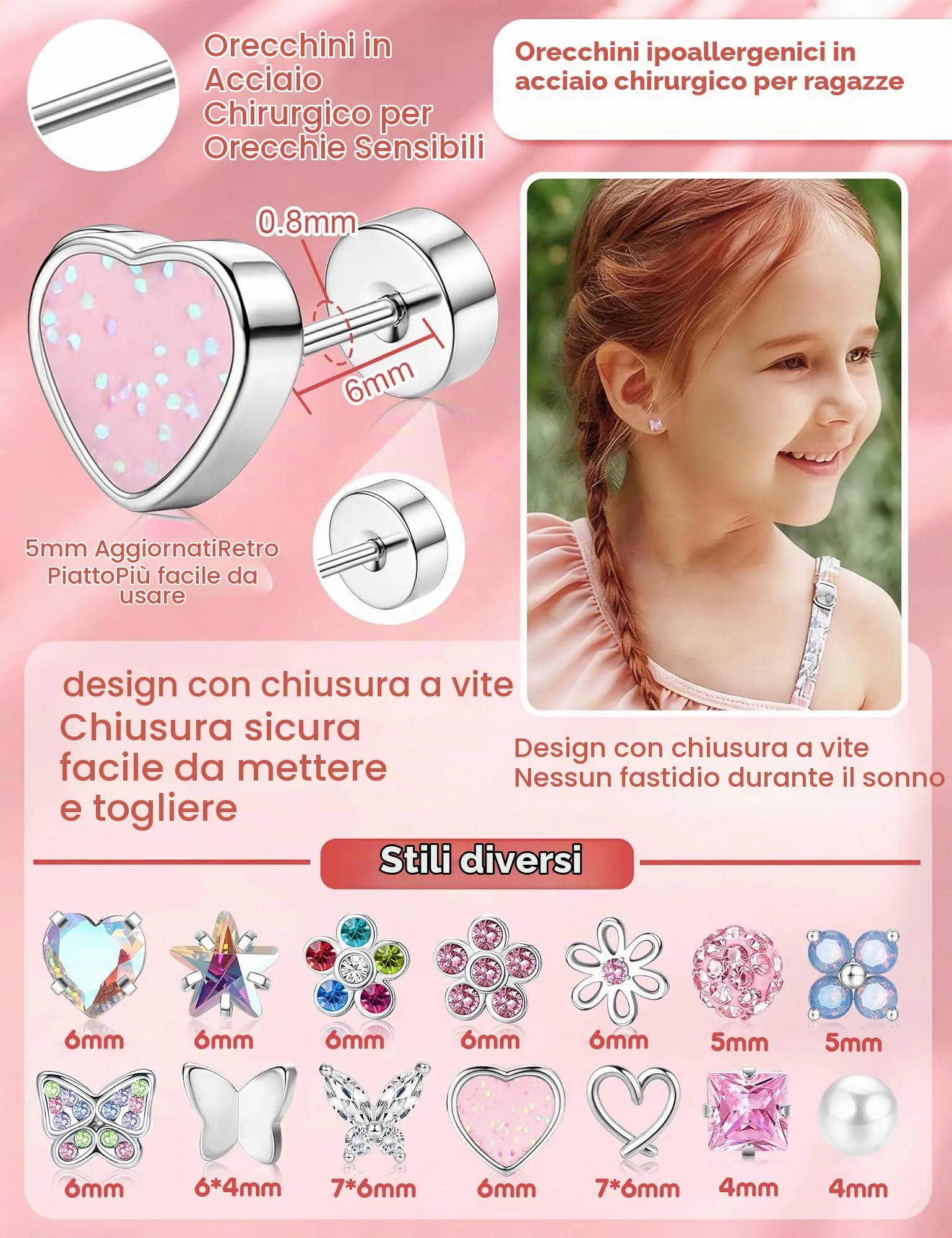 Milacolato Set Orecchini in Acciaio Inossidabile e Rame per Donna e Bambina, 14 Paia, Color Argento - immagine 2