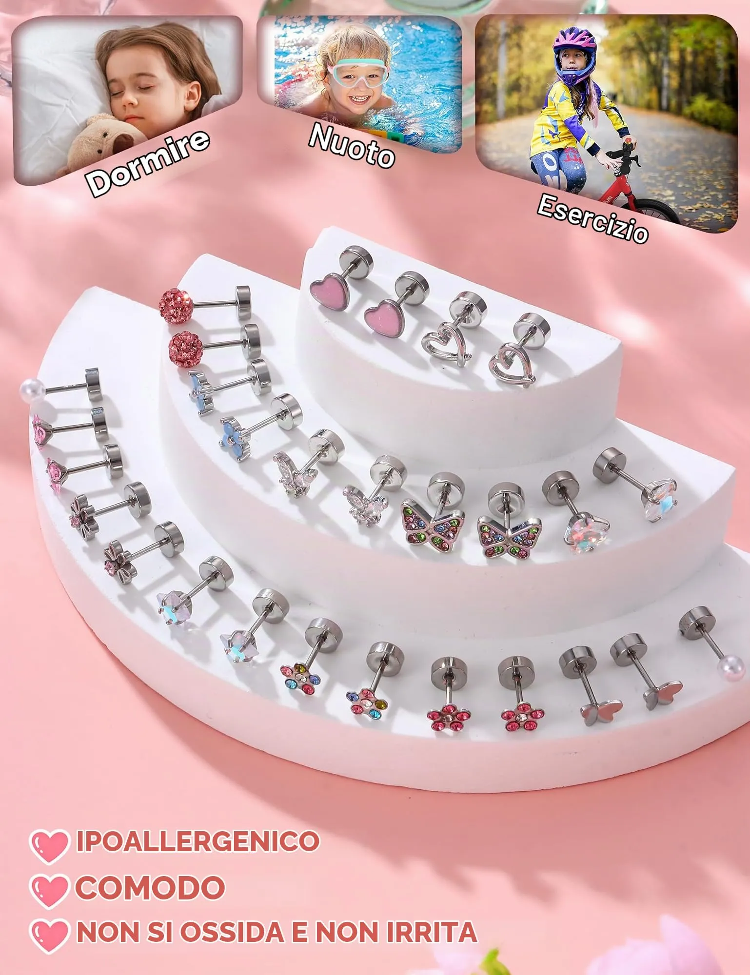 Milacolato Set Orecchini in Acciaio Inossidabile e Rame per Donna e Bambina, 14 Paia, Color Argento - immagine 6