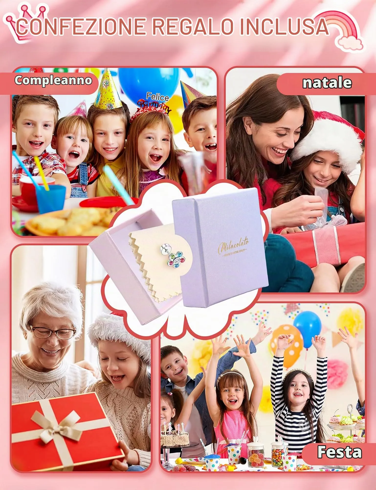 Milacolato Set Orecchini in Acciaio Inossidabile e Rame per Donna e Bambina, 14 Paia, Color Argento - immagine 7