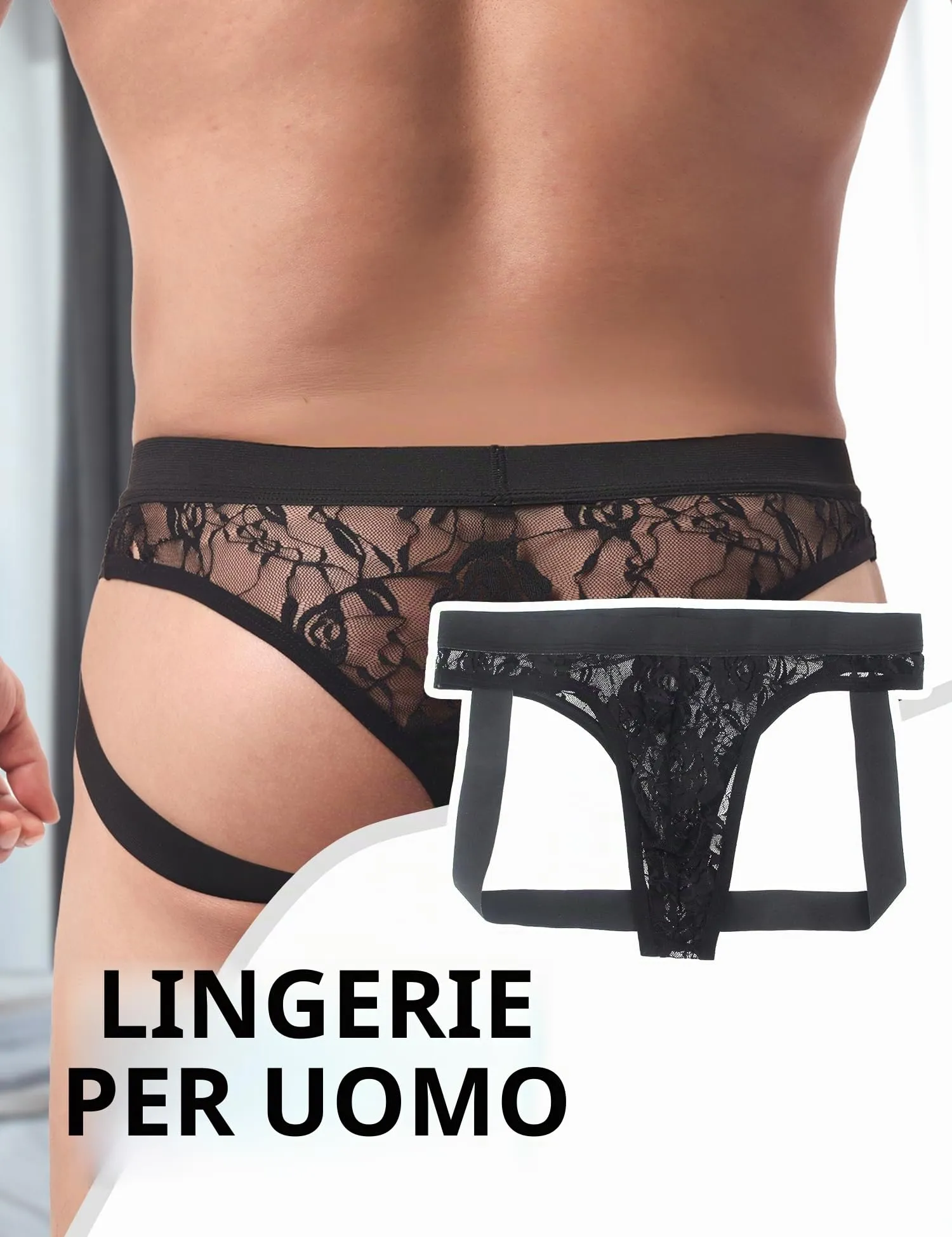 ohyeahlady Jockstrap in Pizzo per Uomo, Perizoma Mini Slip a Vita Bassa, Nero, M - immagine 3
