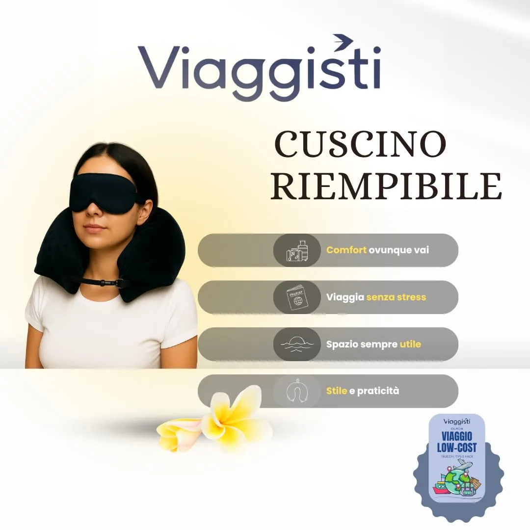 Viaggisti Cuscino da Viaggio in Memory Foam Riempibile per Collo con Maschera Occhi Oscurante e eBook - immagine 4