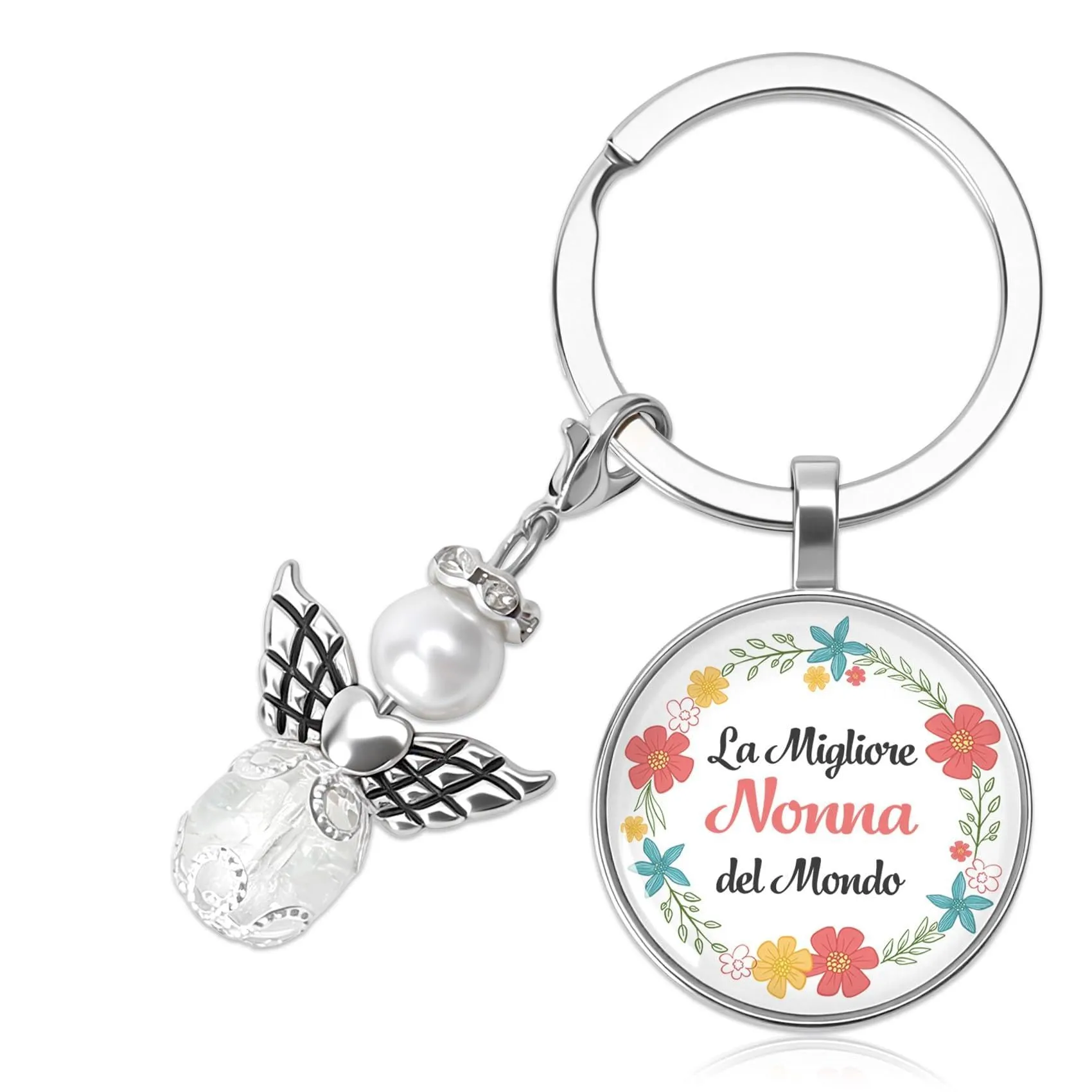 Generico Portachiavi La Migliore Nonna del Mondo con Ciondolo Angelo e Perla, Acciaio Inox, Pattern Floreale - immagine 1