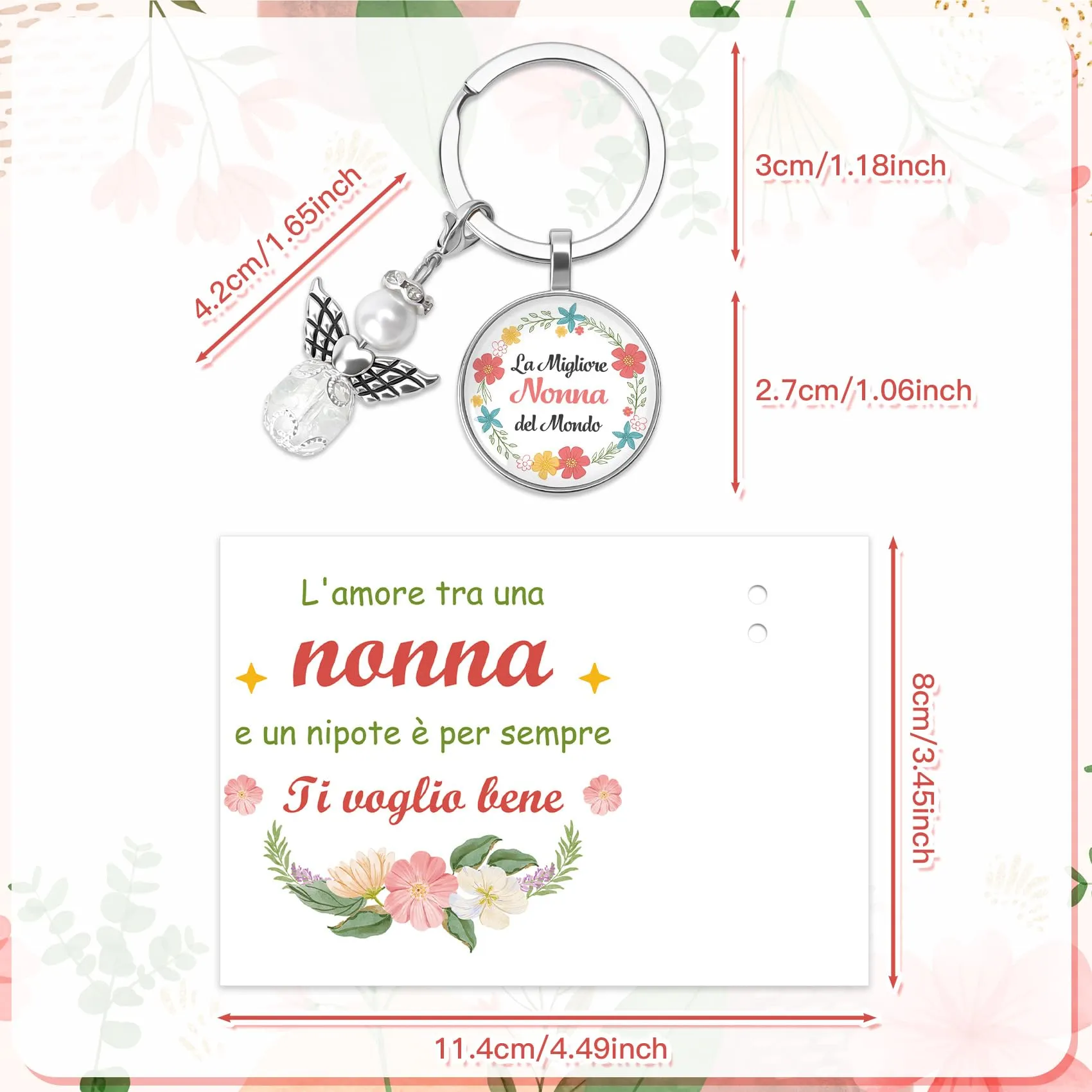 Generico Portachiavi La Migliore Nonna del Mondo con Ciondolo Angelo e Perla, Acciaio Inox, Pattern Floreale - immagine 2