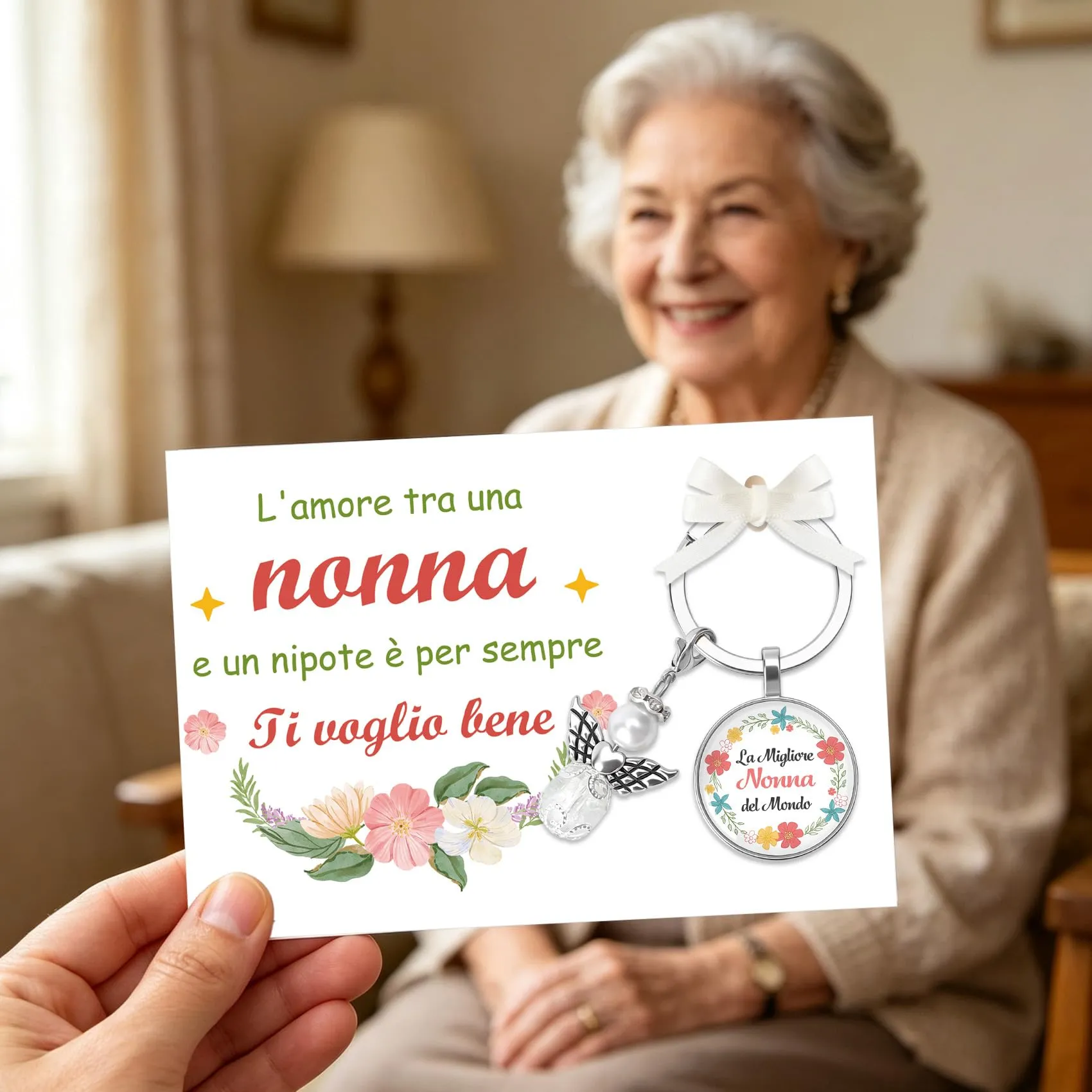 Generico Portachiavi La Migliore Nonna del Mondo con Ciondolo Angelo e Perla, Acciaio Inox, Pattern Floreale - immagine 5