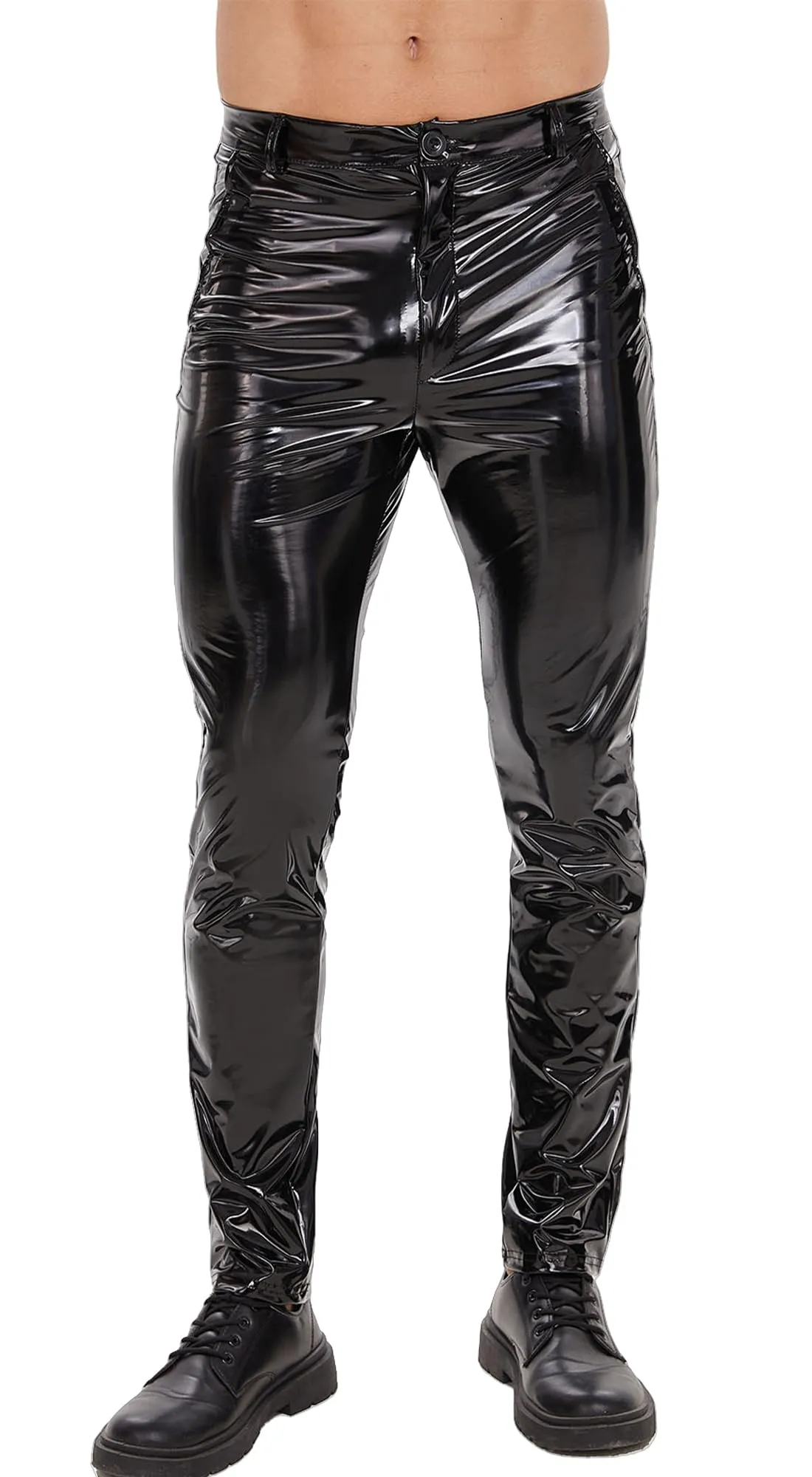 Ausing Pantaloni in lattice da uomo, similpelle, vestibilità slim, L - immagine 1