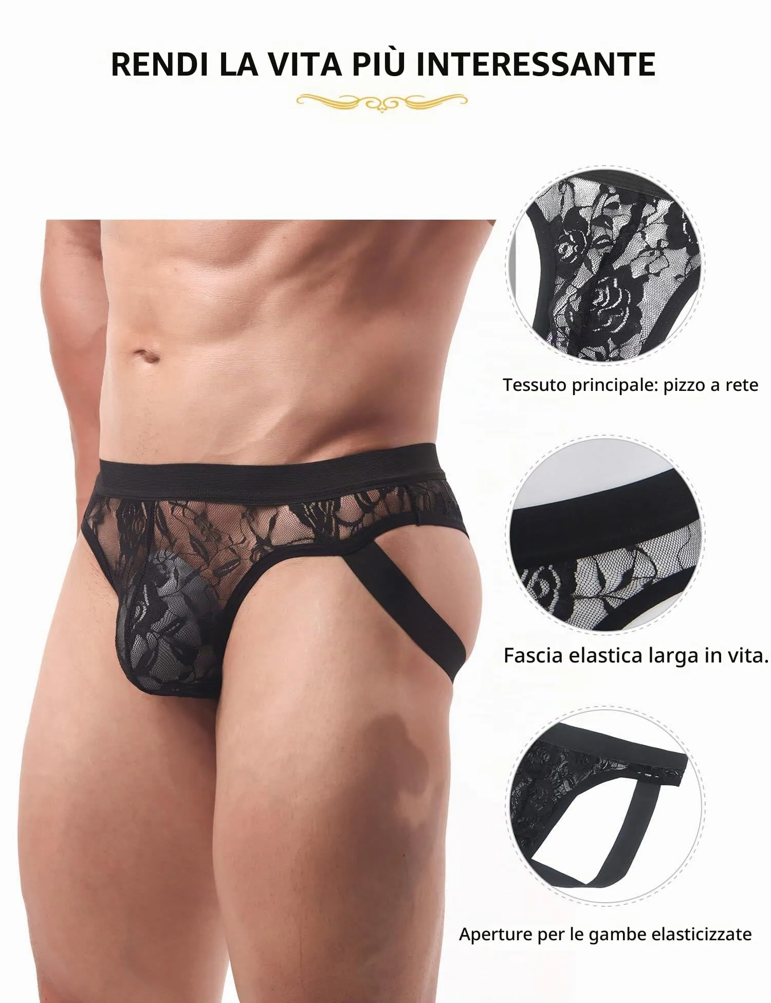 ohyeahlady Jockstrap Uomo Pizzo Taglie Forti Perizoma Mini Slip Nero+Bianco, XL - immagine 5