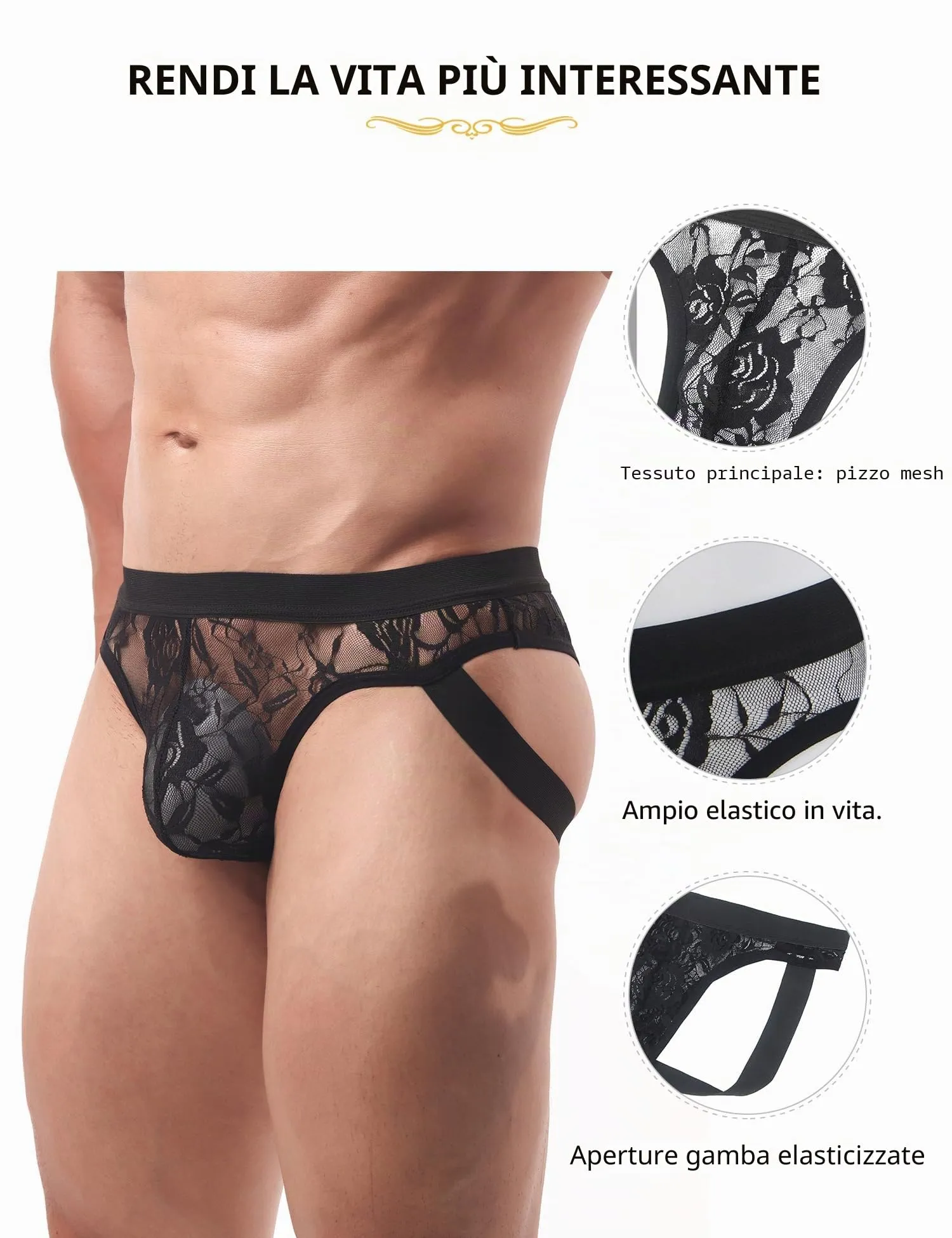 ohyeahlady Jockstrap Uomo Pizzo Taglie Forti Perizoma Nero, XXL - immagine 4