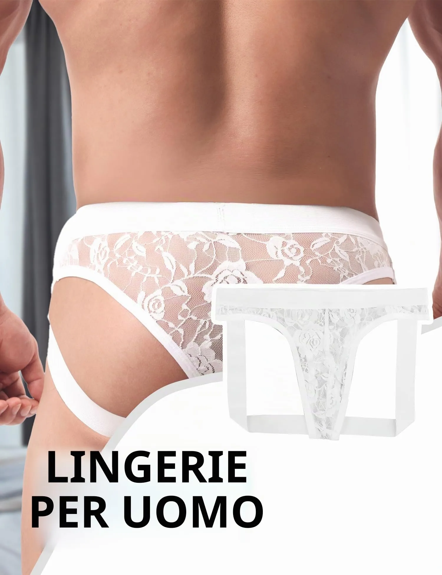 ohyeahlady Jockstrap Uomo Pizzo Perizoma Mini Slip Bianco, S - immagine 3