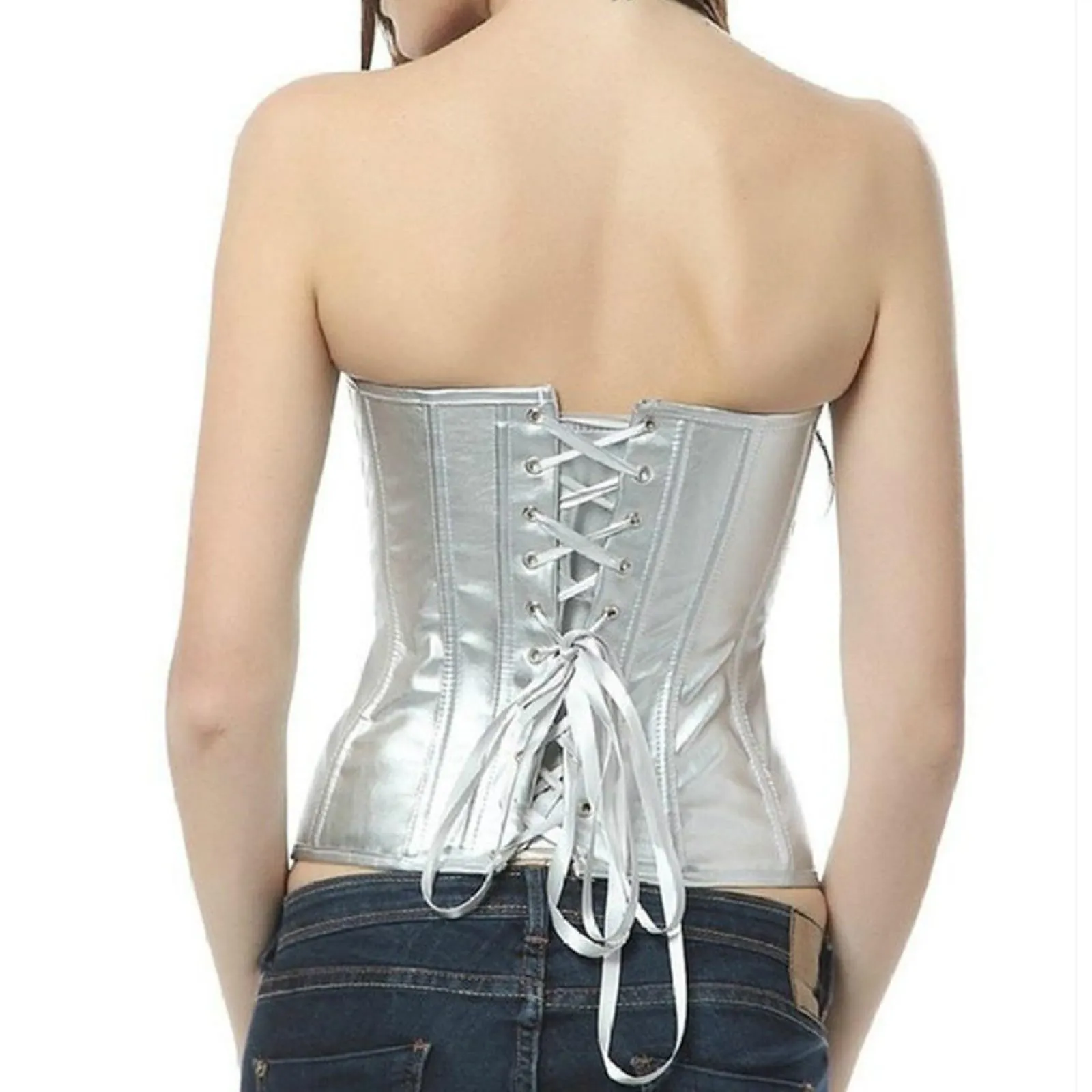 Corsetto da donna senza spalline in ecopelle, Argento, 6XL - immagine 3