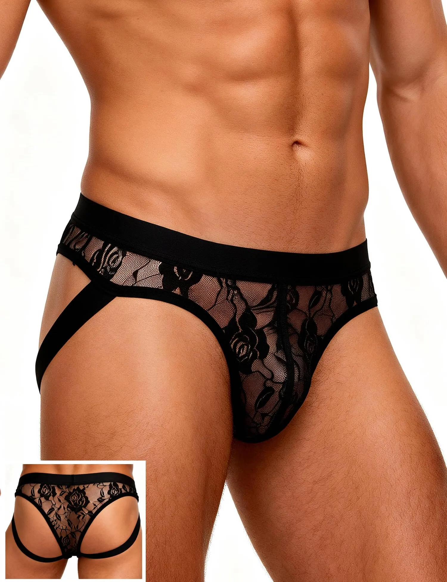 ohyeahlady Jockstrap Uomo in Pizzo, Perizoma Seducente con Cintura Larga, 2pz, XXL - immagine 2