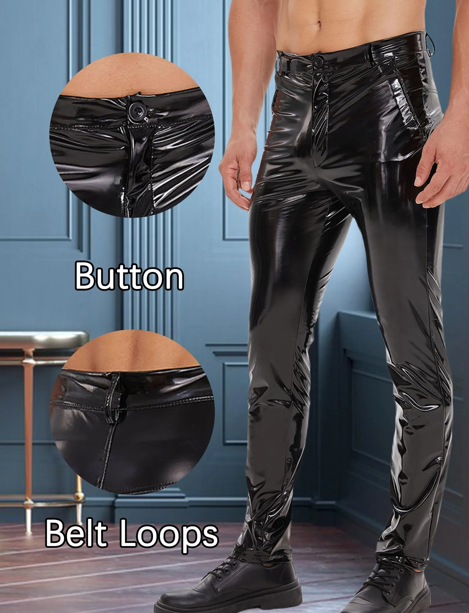 Ausing Pantaloni Lunghi da Uomo in Lattice Nero, Effetto Bagnato, Taglia XXL - immagine 3