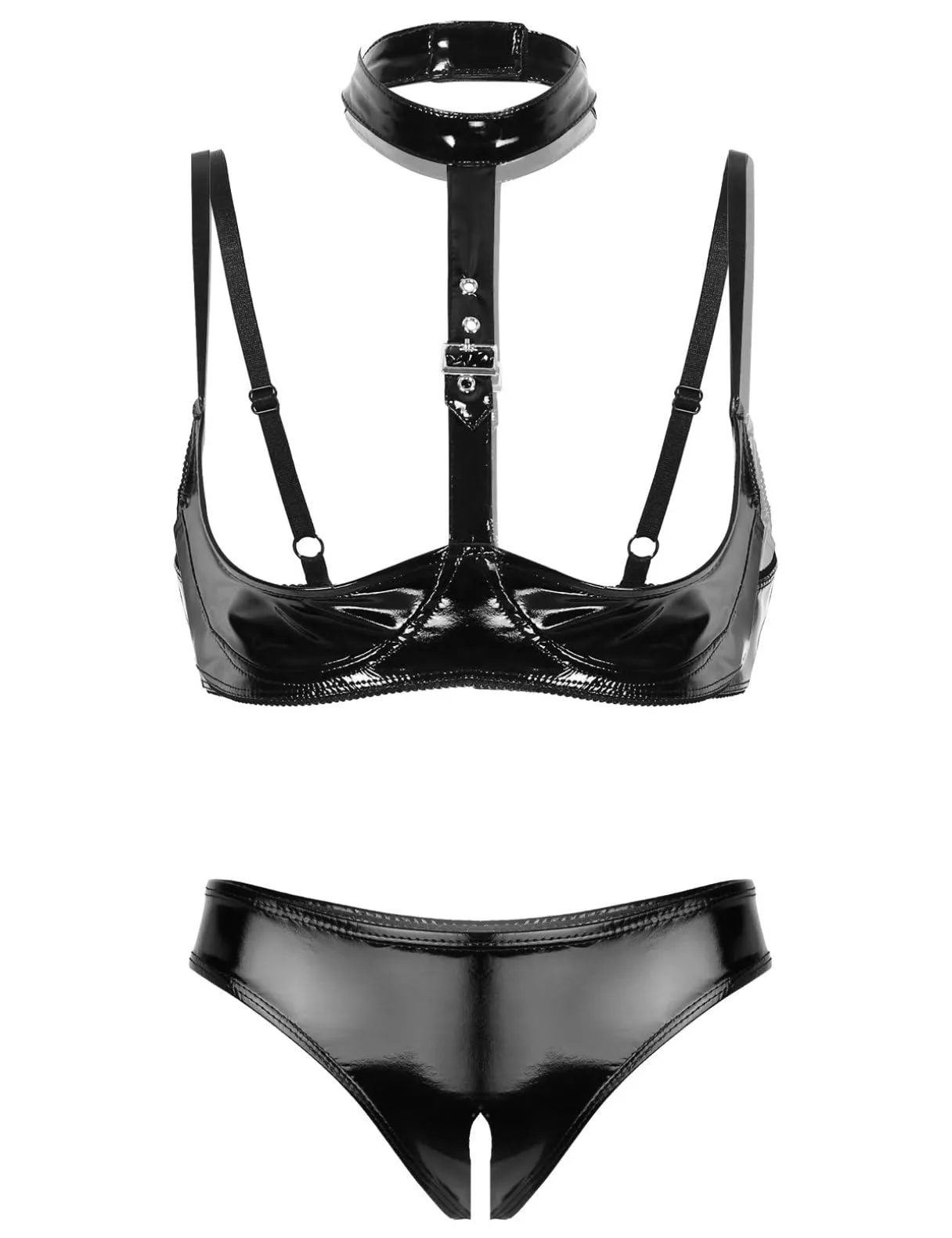 FEESHOW Set Intimo in Pelle Verniciata Reggiseno Push Up e Slip a Cavallo Aperto, Nero, M - immagine 1
