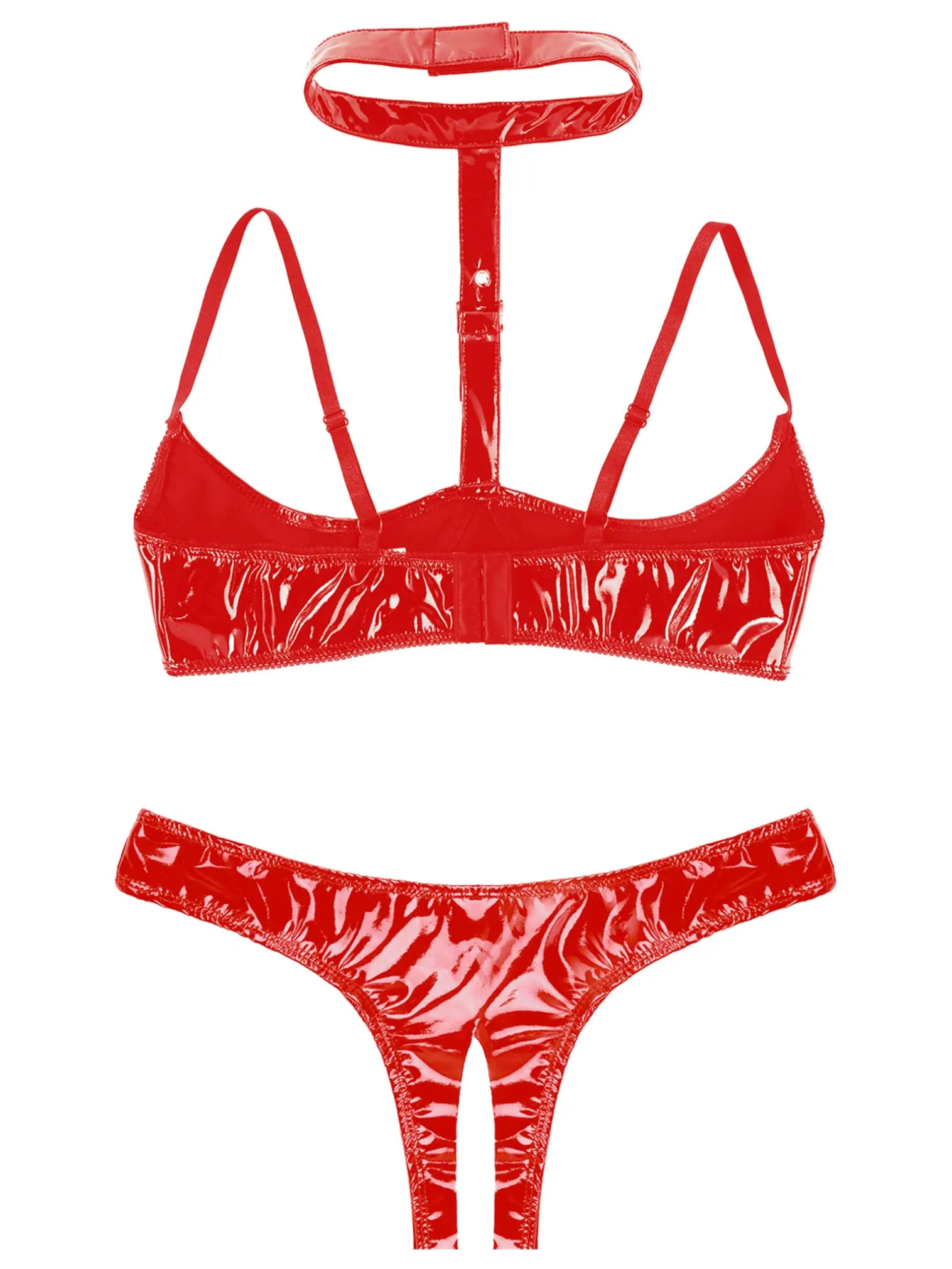 FEESHOW Donna Set Intimo in Pelle Verniciata Reggiseno Push Up e Slip G String Rosso 4XL - immagine 4