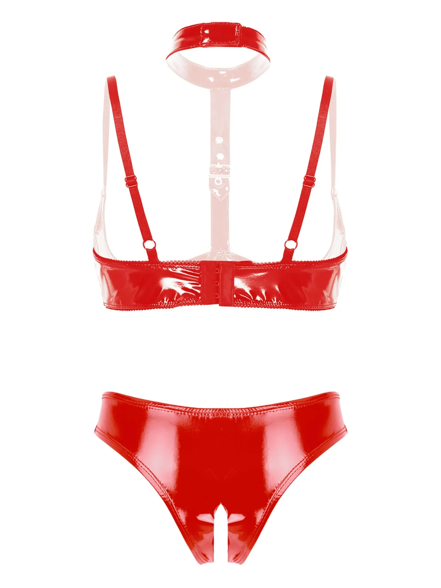 FEESHOW Donna Vernice Pelle Latex Set Intimo Reggiseno Push Up e G String Rosso M - immagine 2