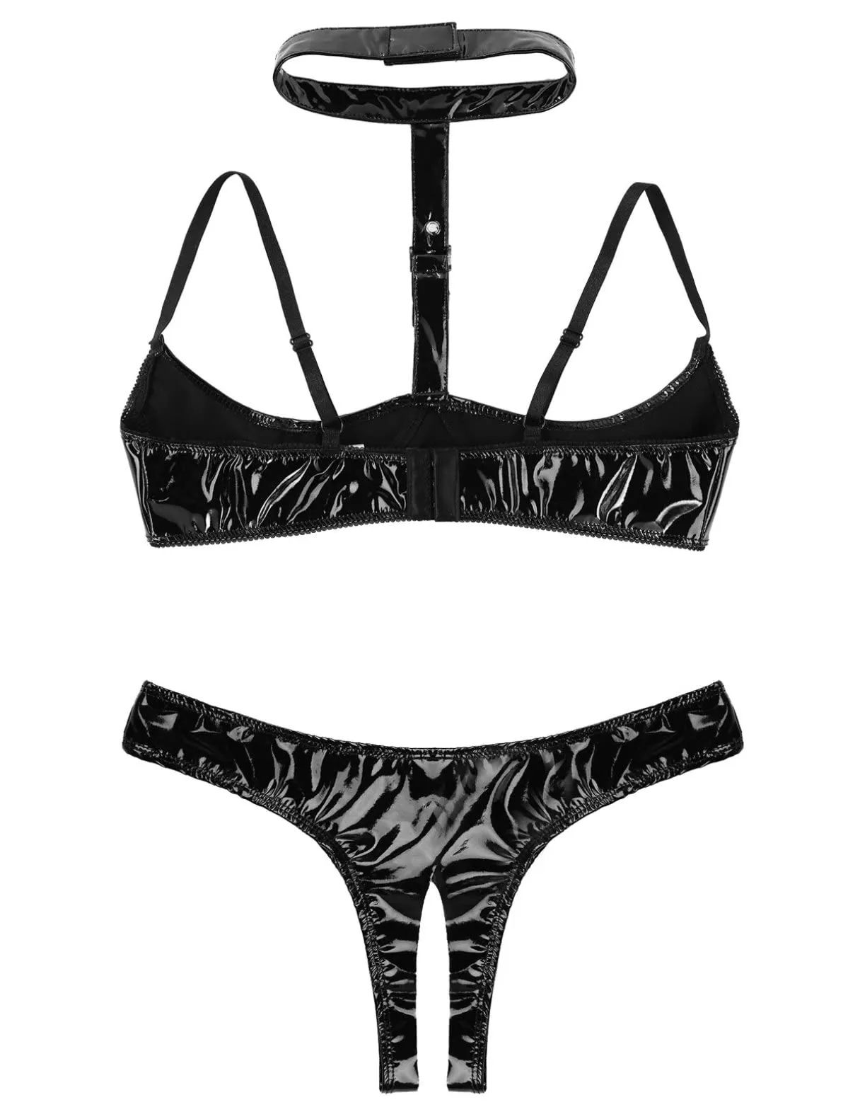 FEESHOW Donna Set Intimo in Pelle Verniciata Reggiseno Push Up e Slip G String Nero XXL - immagine 4