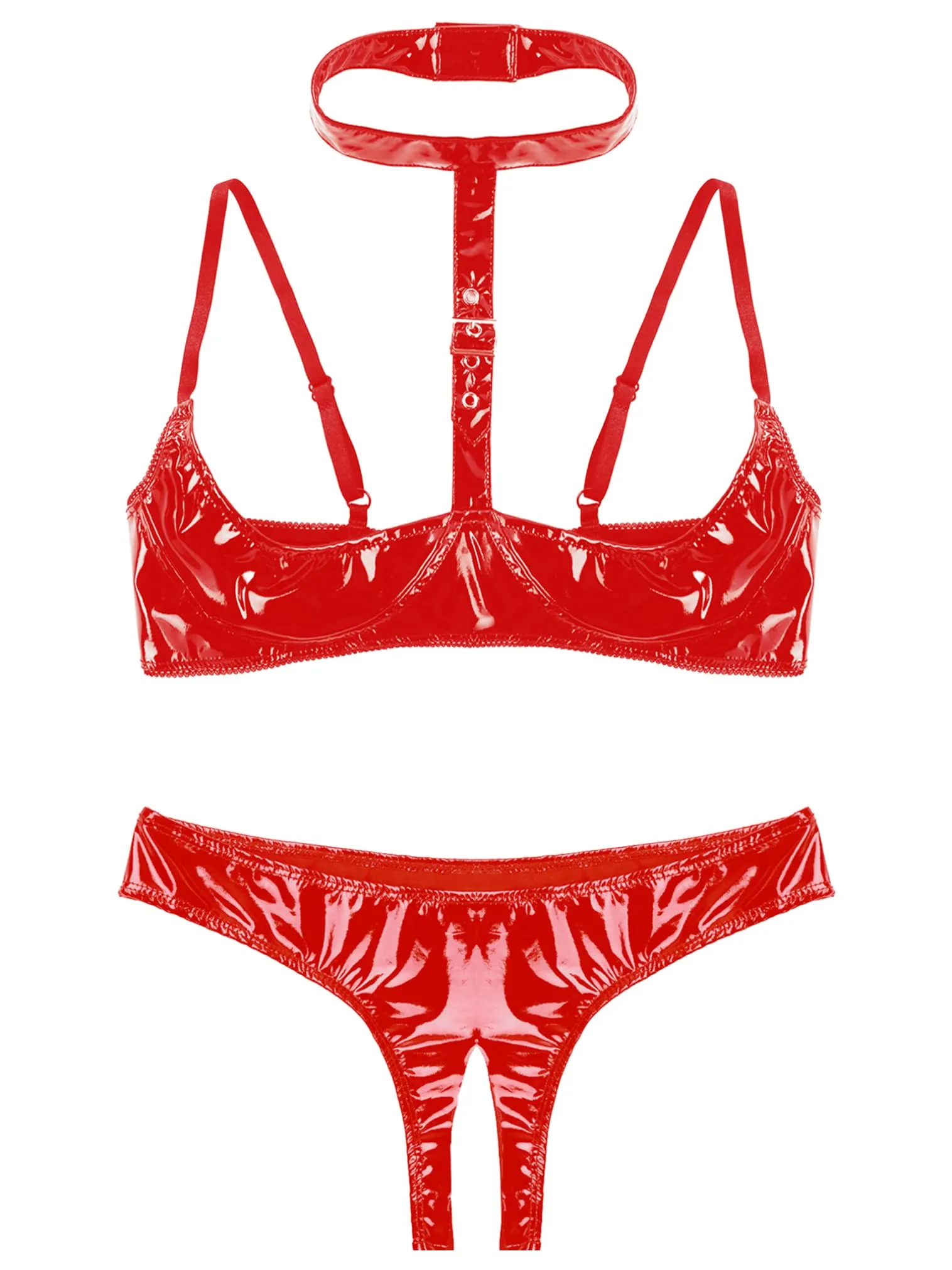 FEESHOW Set Intimo Donna in Pelle Verniciata Reggiseno Push Up e G String Rosso XXL - immagine 3