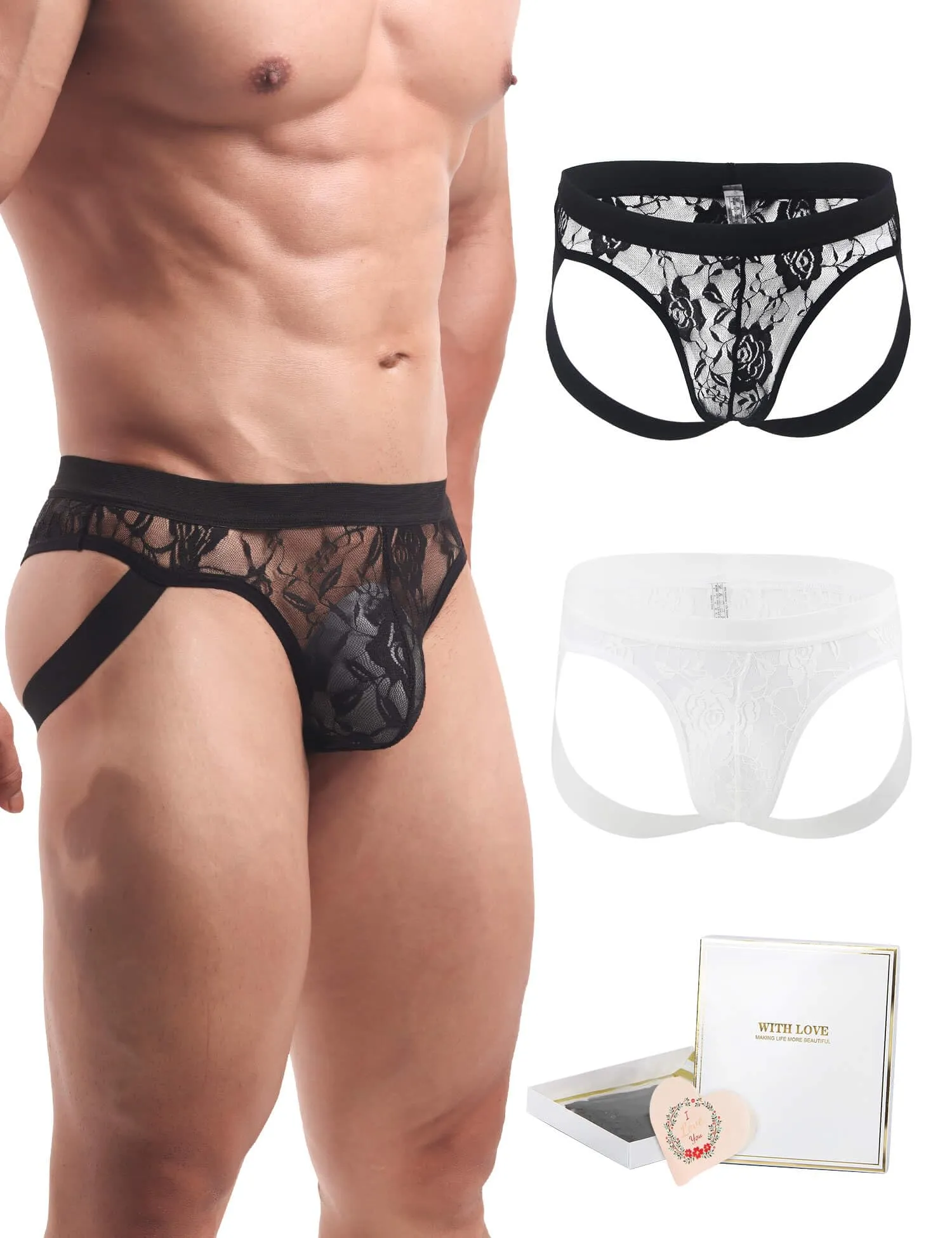 ohyeahlady Jockstrap Uomo Pizzo Perizoma Mini Slip Cintura Larga Nero+Bianco, S - immagine 1