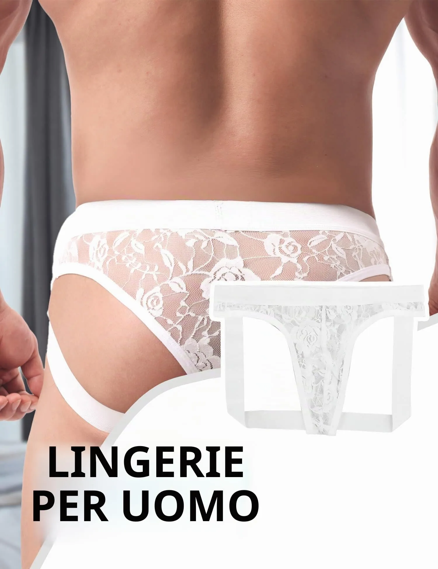 ohyeahlady Jockstrap Uomo in Pizzo Perizoma Seducente Mini Slip Taille Basse Intimo String Tanga Thong Nero+Bianco, M - immagine 4