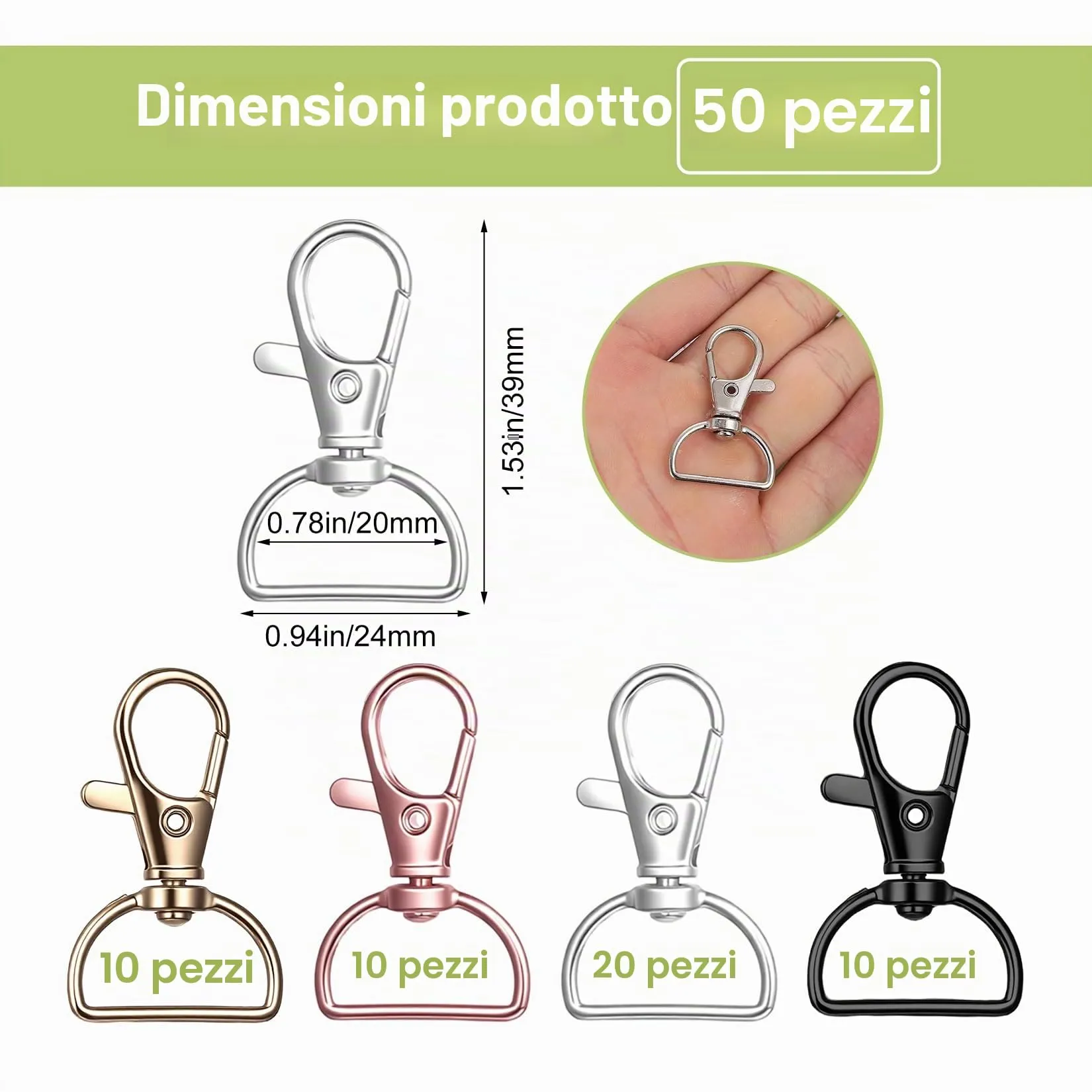 MMDBD Set 50 Moschettoni Portachiavi a D Girevole, Lega di Zinco, MMD-050-162 - immagine 2