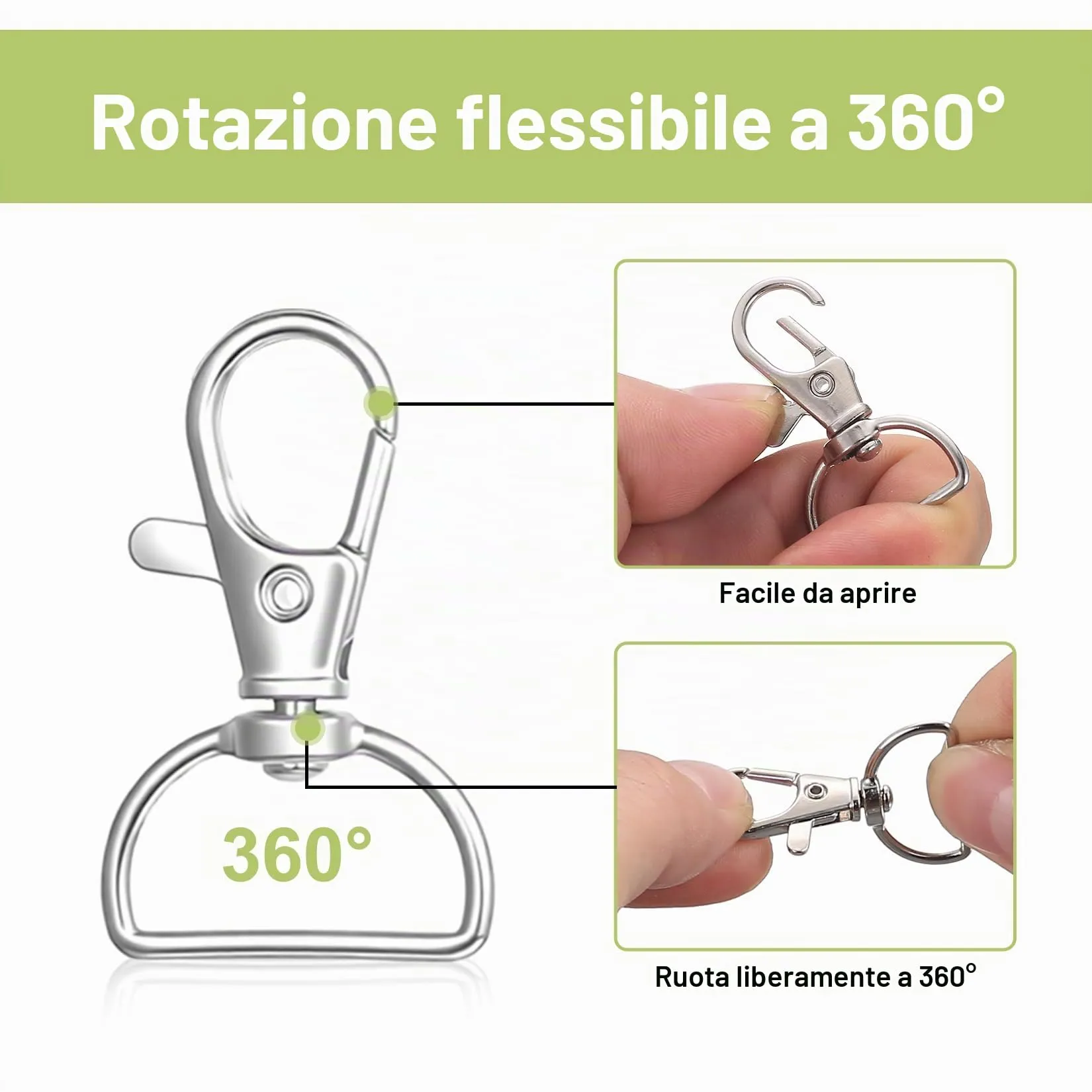 MMDBD Set 50 Moschettoni Portachiavi a D Girevole, Lega di Zinco, MMD-050-162 - immagine 3
