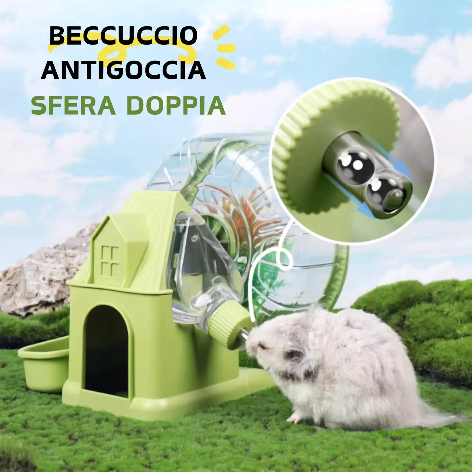 TOKAYIFE Casa 4 in 1 per Criceto con Ruota, Ciotola, Bottiglia d'Acqua e Nascondiglio, Verde, 19.5cm - immagine 2