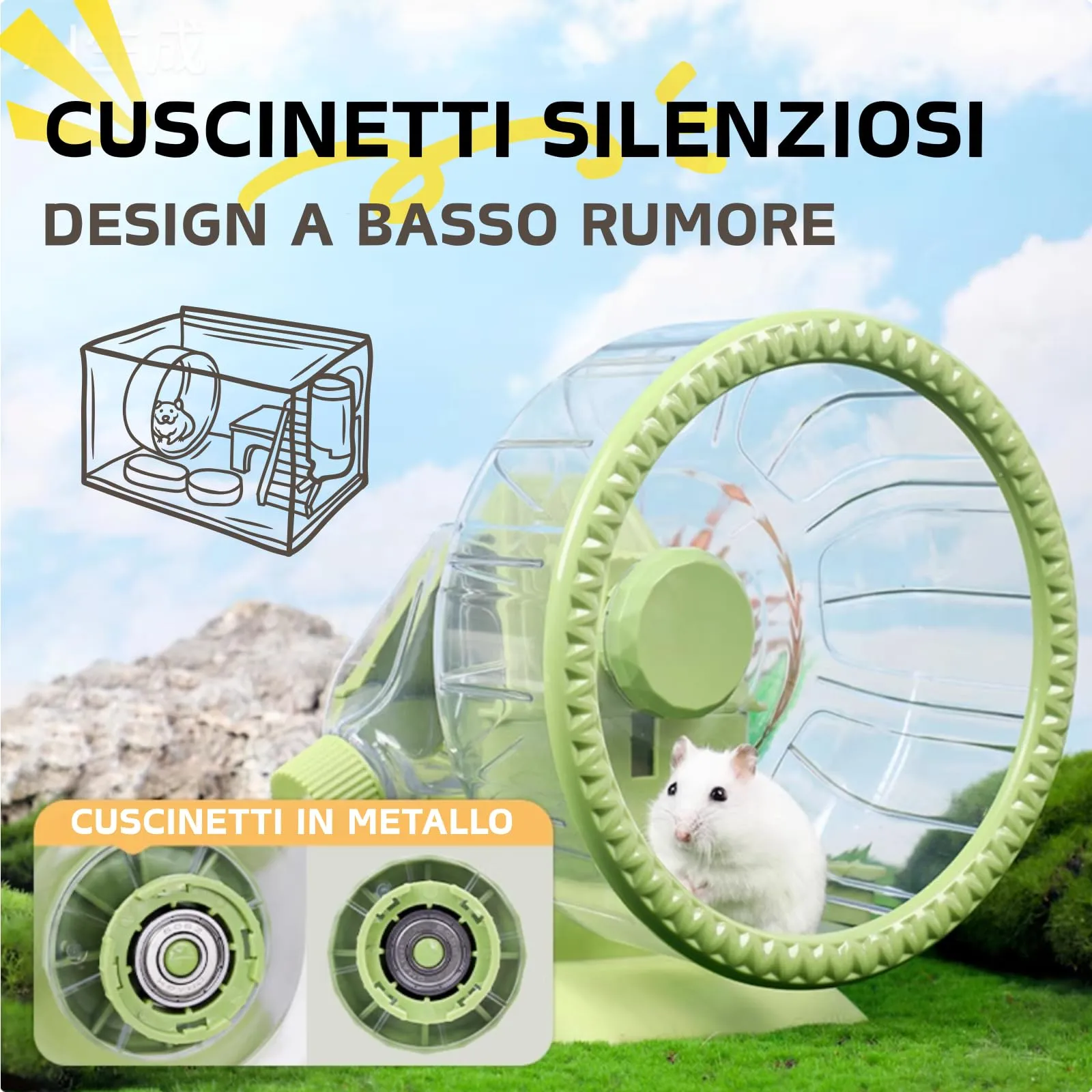 TOKAYIFE Casa 4 in 1 per Criceto con Ruota, Ciotola, Bottiglia d'Acqua e Nascondiglio, Verde, 19.5cm - immagine 5