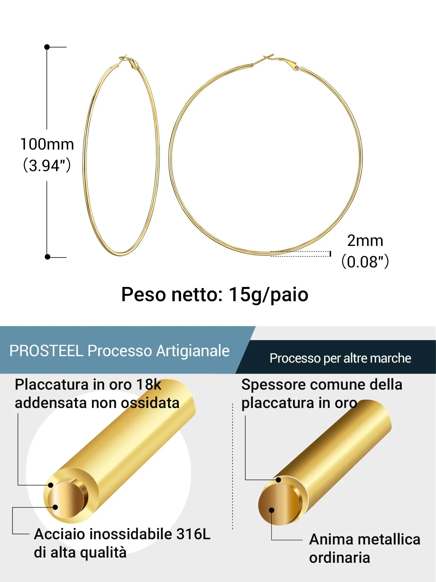 PROSTEEL Orecchini a cerchio da donna in acciaio inossidabile placcato oro, 100mm - immagine 3
