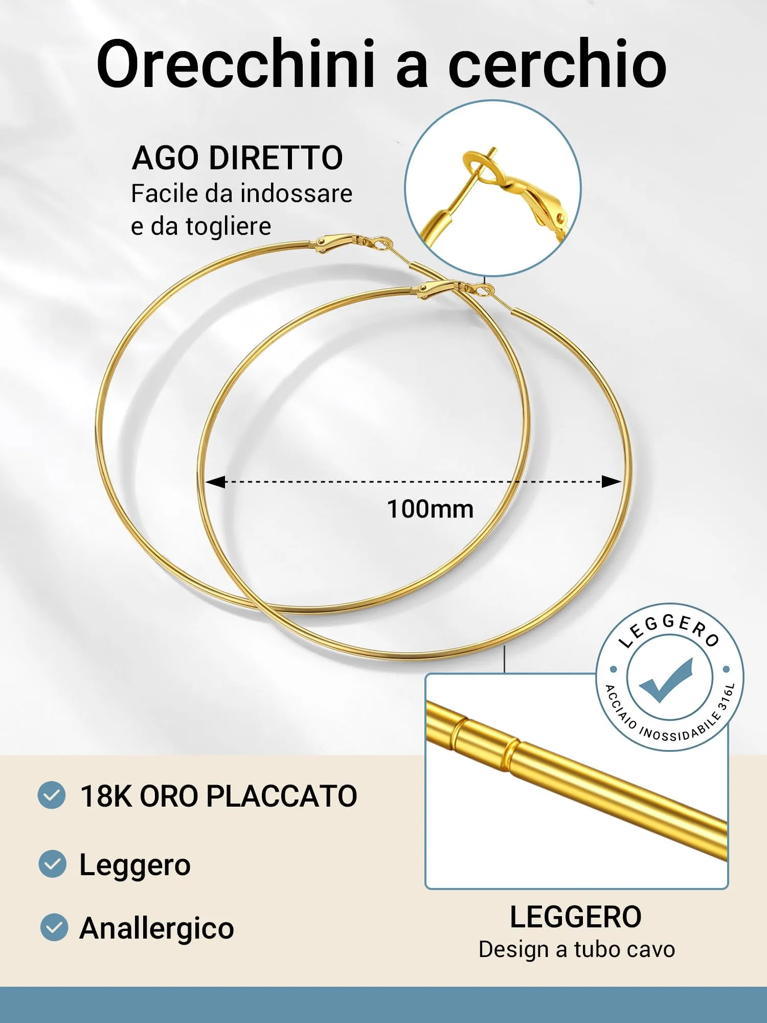 PROSTEEL Orecchini a cerchio da donna in acciaio inossidabile placcato oro, 100mm - immagine 5