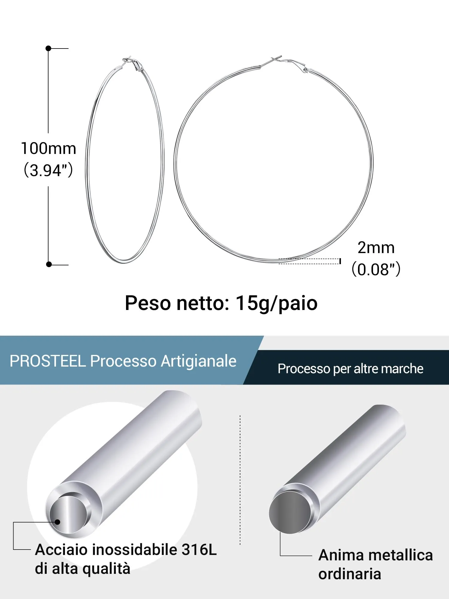 PROSTEEL Orecchini a Cerchio in Acciaio Inossidabile per Donna, 100 mm, Argento - immagine 3