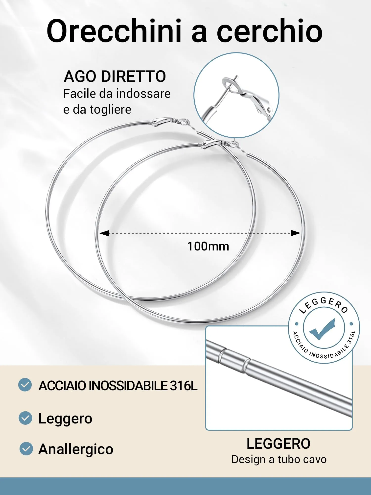PROSTEEL Orecchini a Cerchio in Acciaio Inossidabile per Donna, 100 mm, Argento - immagine 4