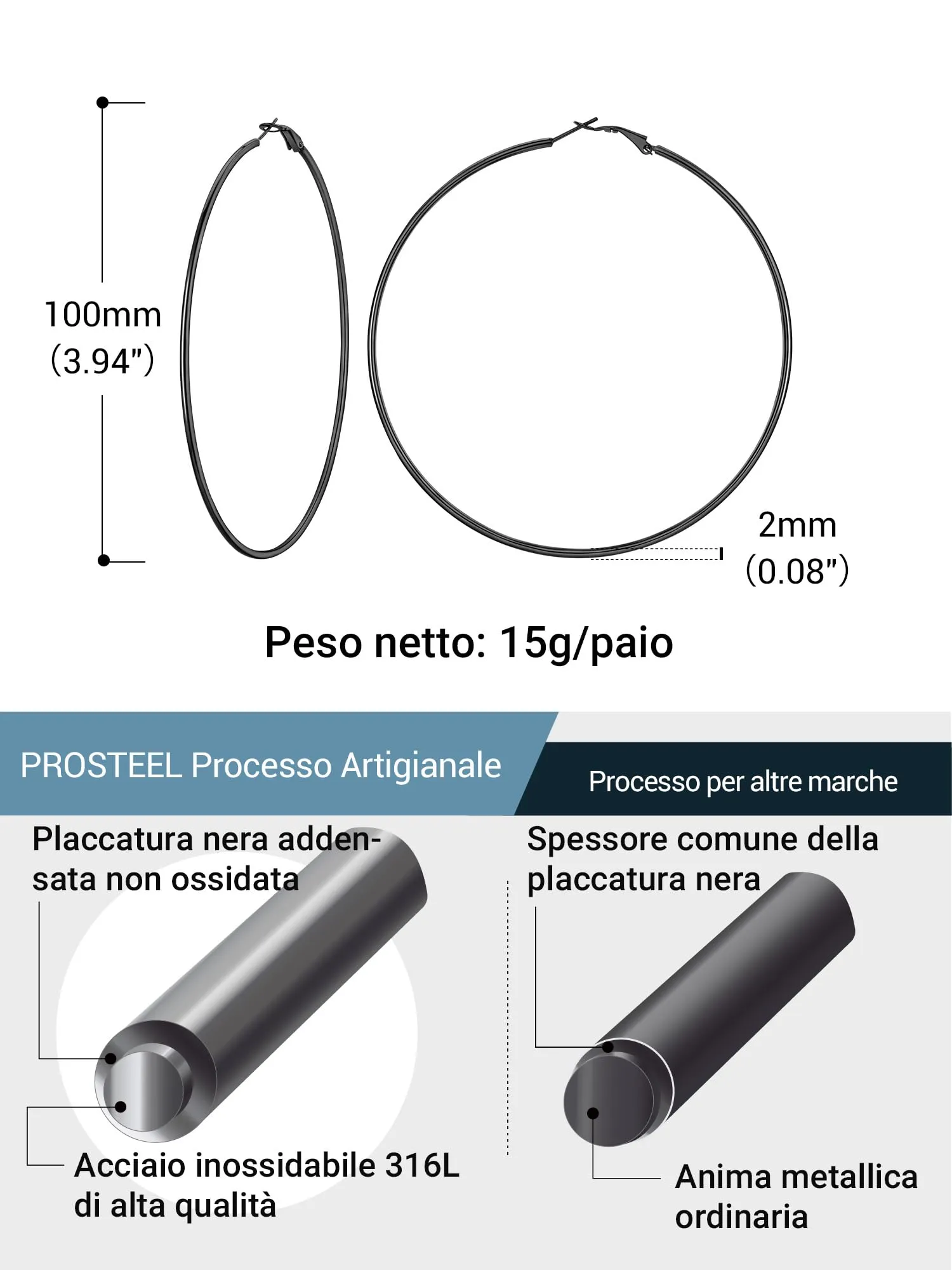 PROSTEEL Set Orecchini a Cerchio Donna 30/50/70/100mm Argento Nero Oro - immagine 3
