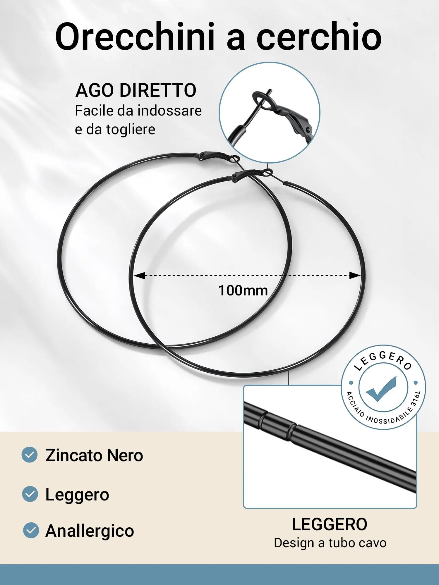 PROSTEEL Set Orecchini a Cerchio Donna 30/50/70/100mm Argento Nero Oro - immagine 5