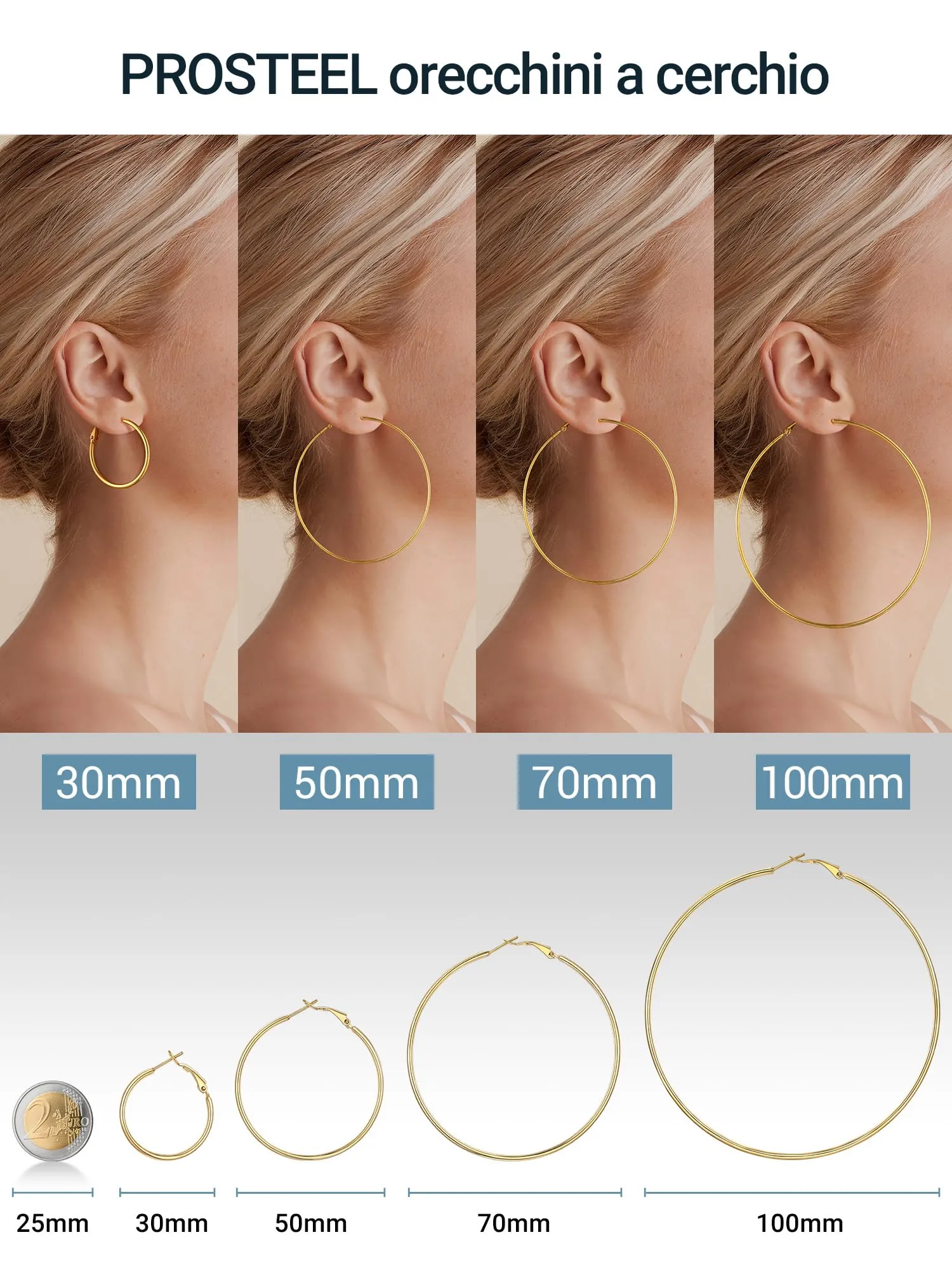 PROSTEEL Orecchini a Cerchio Donna, Placcato Oro 18K, 30 mm - immagine 3