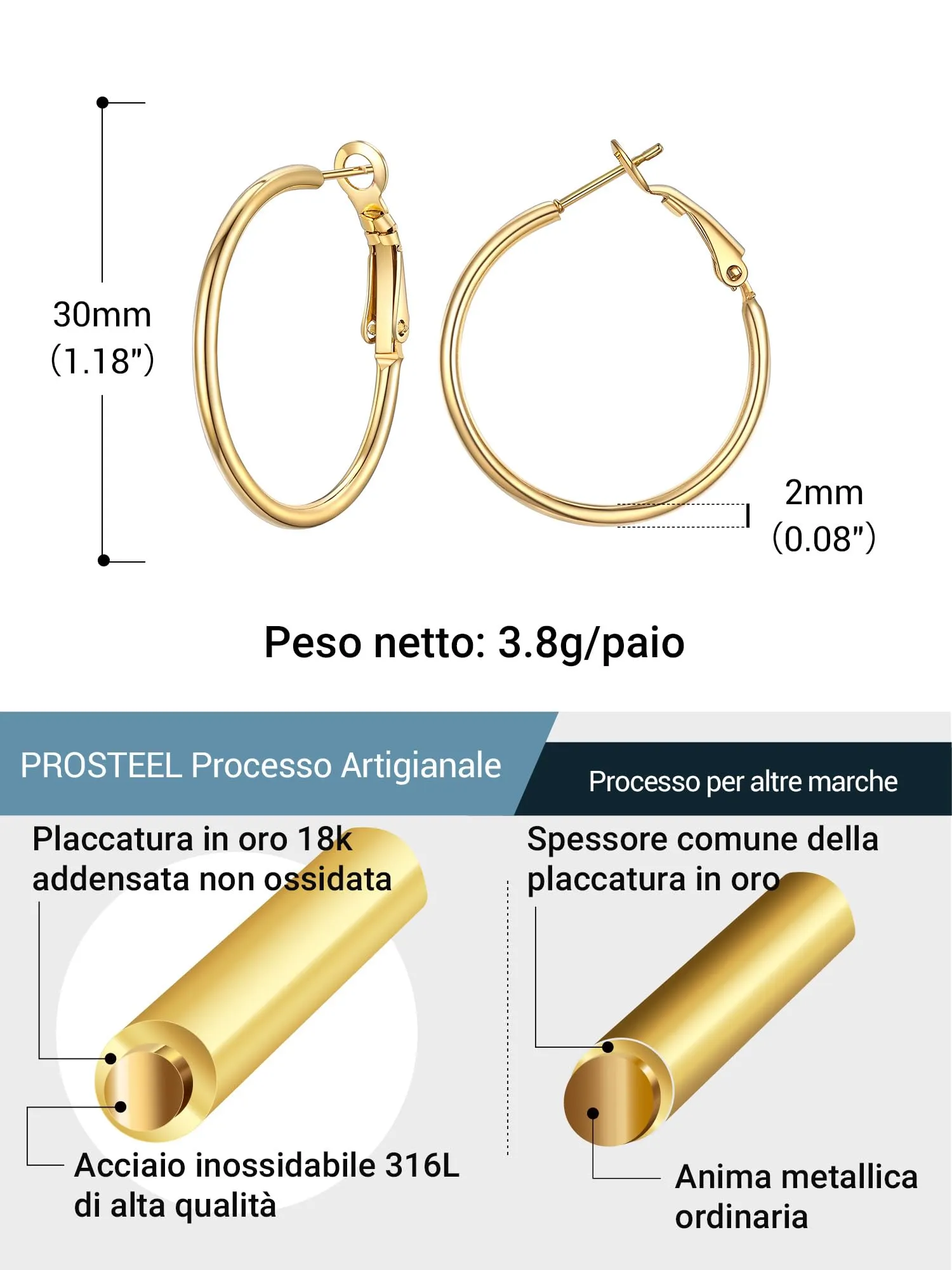 PROSTEEL Orecchini a Cerchio Donna, Placcato Oro 18K, 30 mm - immagine 5