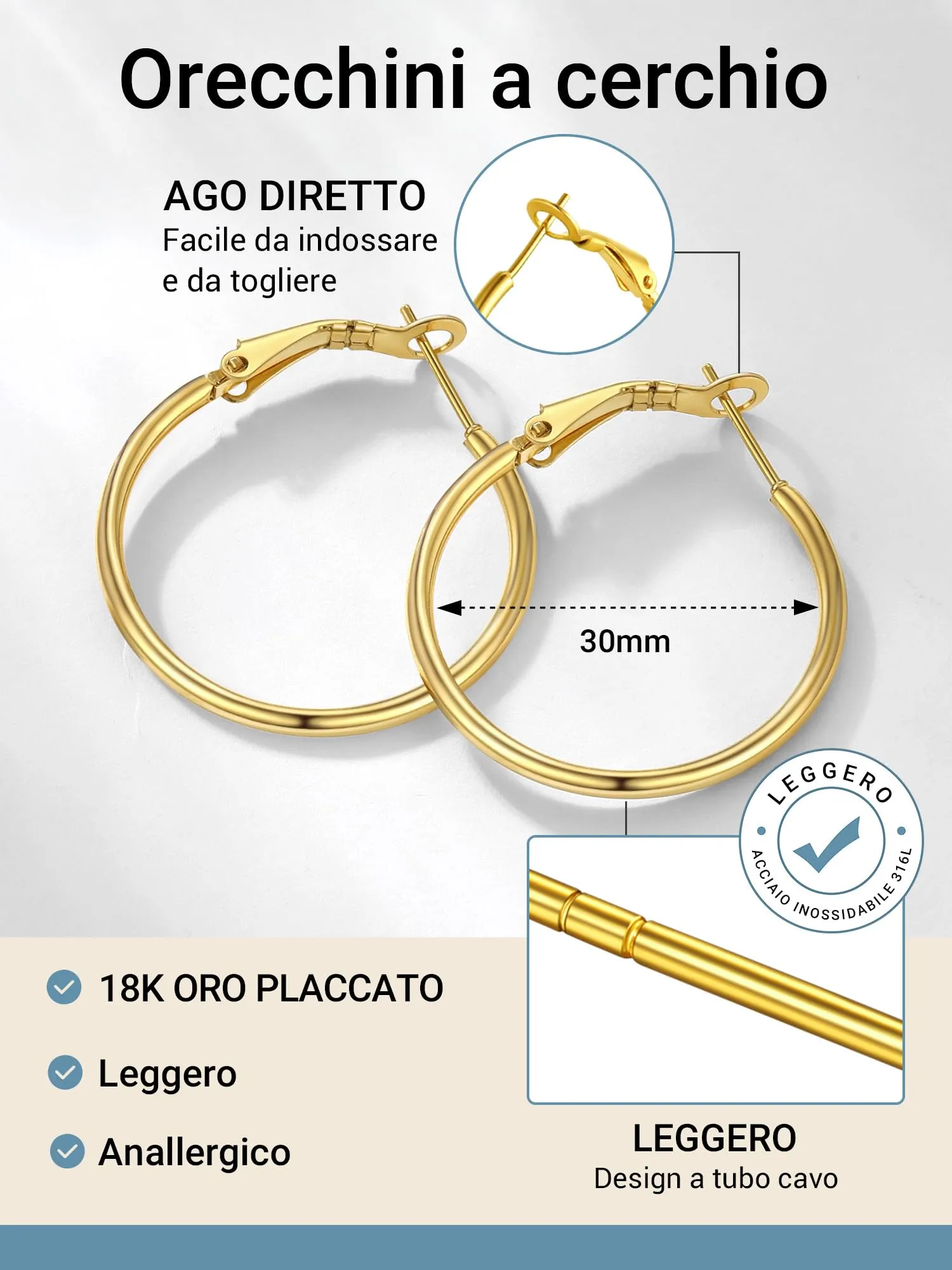 PROSTEEL Orecchini a Cerchio Donna, Placcato Oro 18K, 30 mm - immagine 6