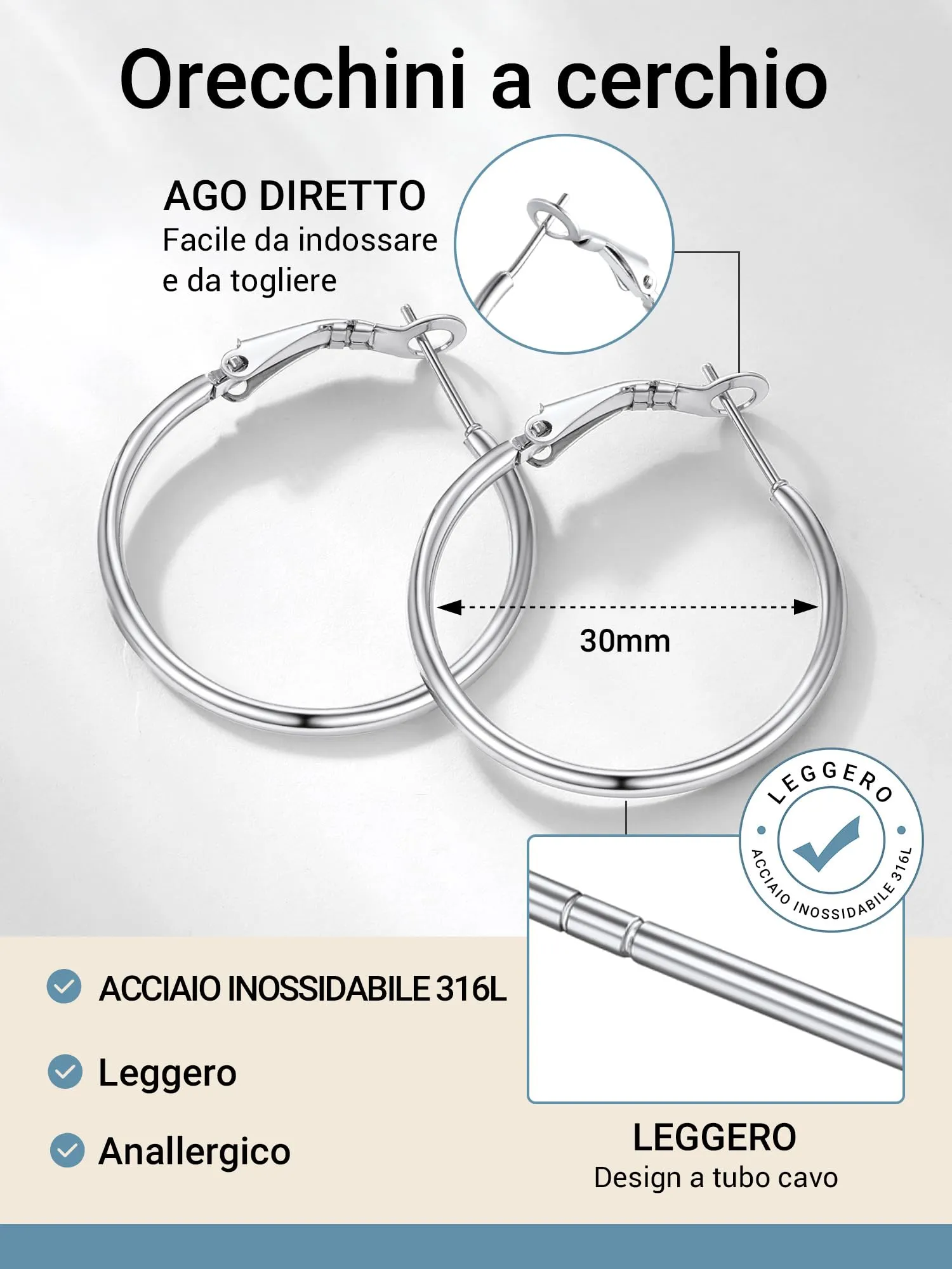 PROSTEEL Orecchini a Cerchio Donna in Acciaio Inossidabile, 30 mm, Argento - immagine 3