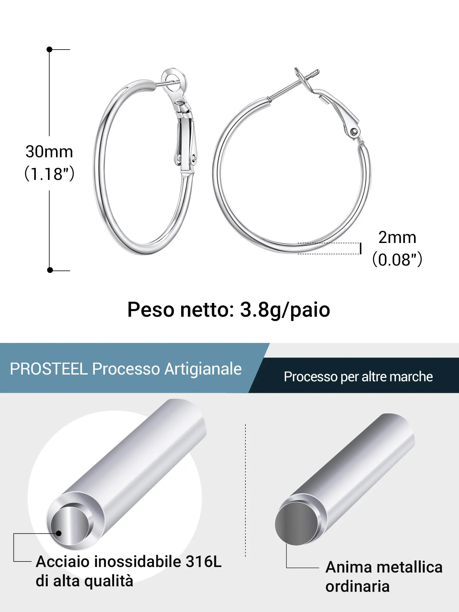 PROSTEEL Orecchini a Cerchio Donna in Acciaio Inossidabile, 30 mm, Argento - immagine 5