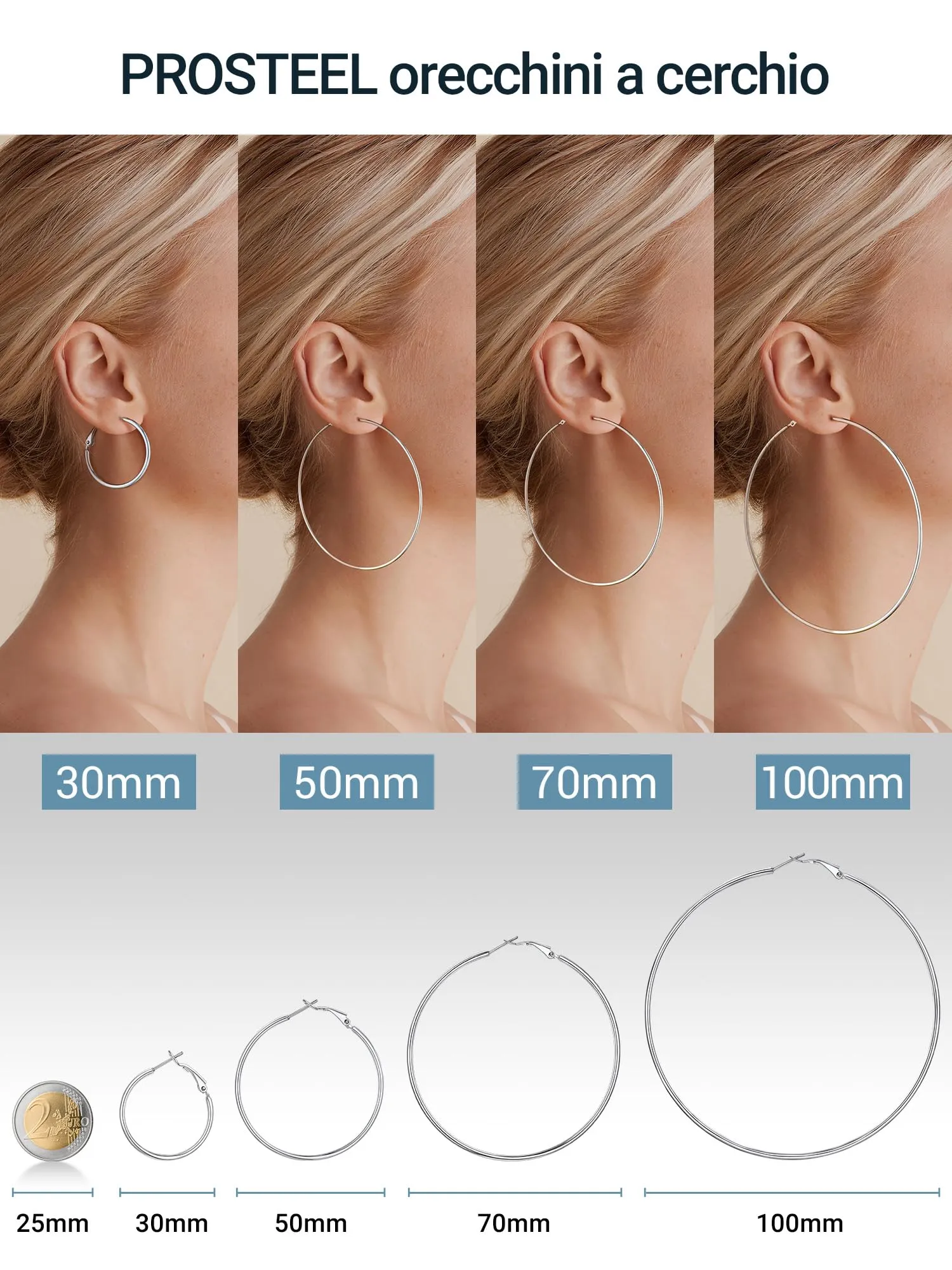 PROSTEEL Orecchini a Cerchio Donna in Acciaio Inossidabile, 30 mm, Argento - immagine 7