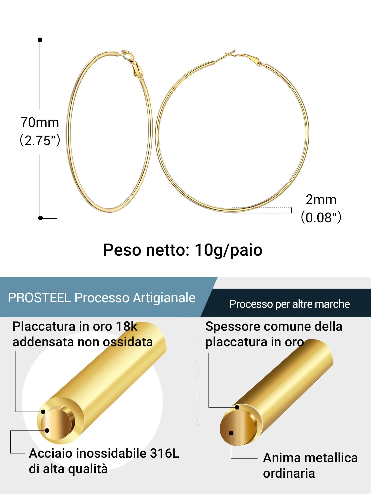 PROSTEEL Orecchini a Cerchio Donna, Placcato Oro 18K, Diametro 70 mm, Oro - immagine 3