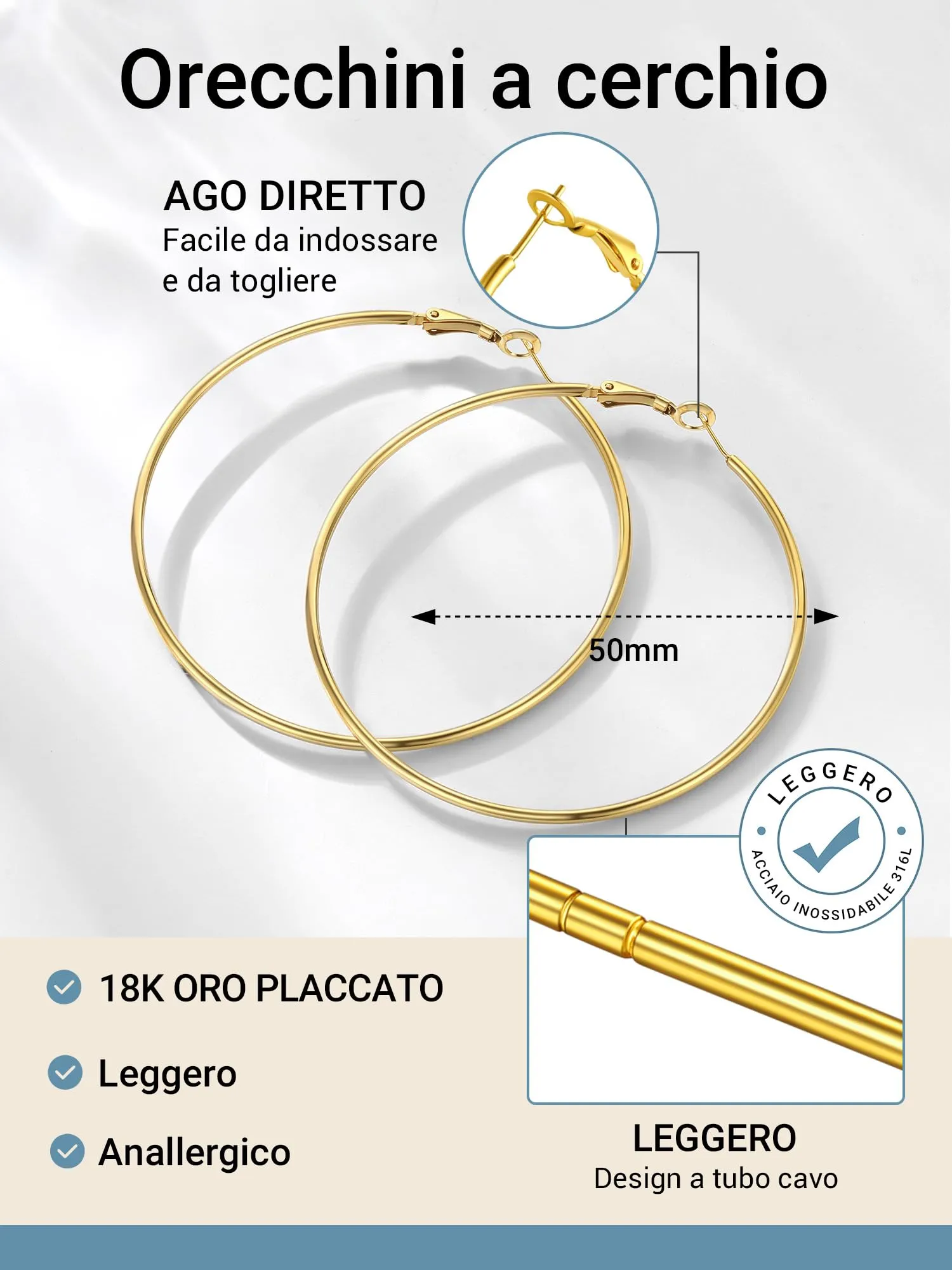 PROSTEEL Orecchini a Cerchio Donna, Placcato Oro 18K, Diametro 70 mm, Oro - immagine 5