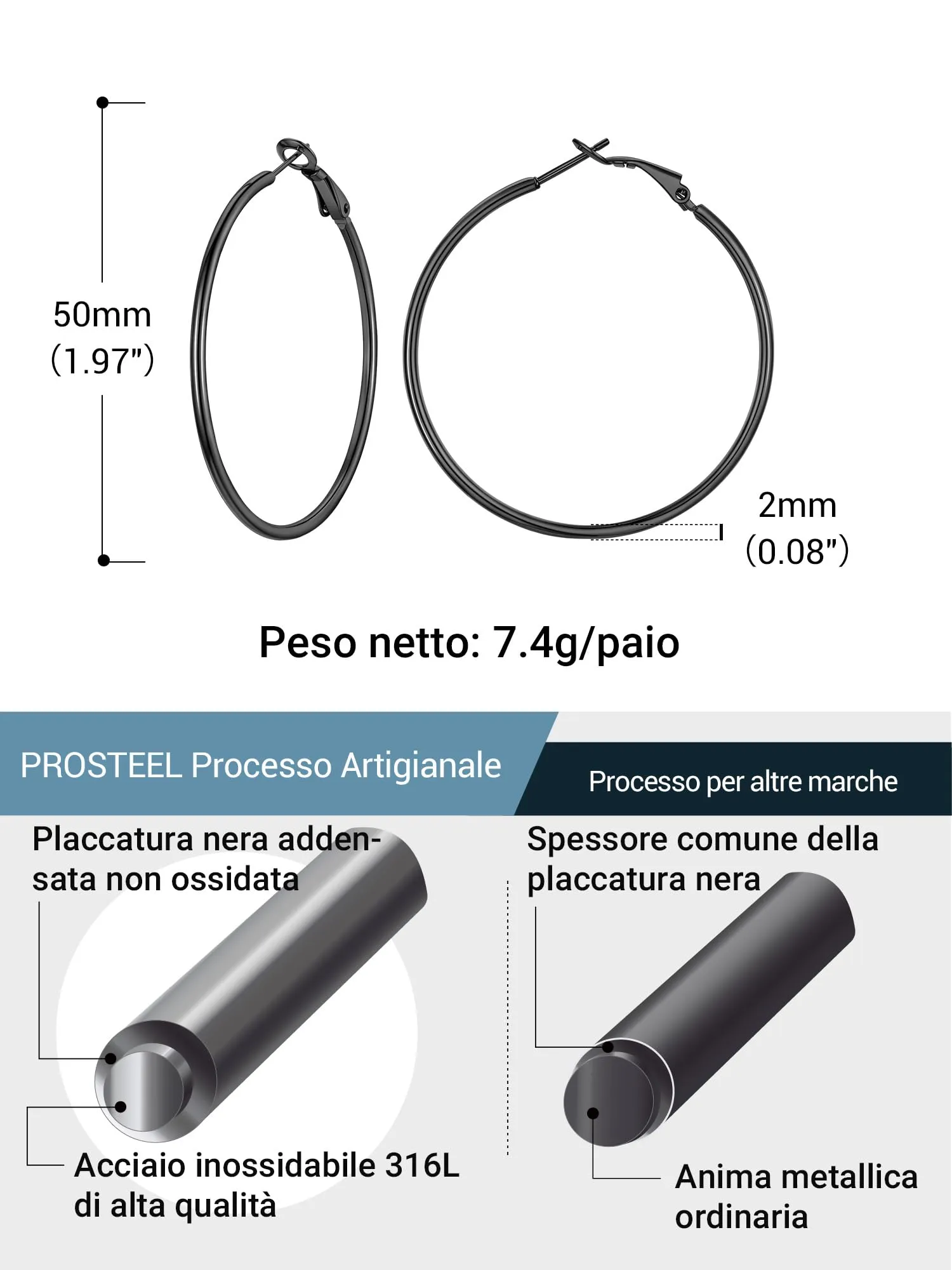 PROSTEEL Orecchini a Cerchio Donna Diametro 30/50/70/100mm Acciaio Inox 316L Argento Nero Oro - immagine 3