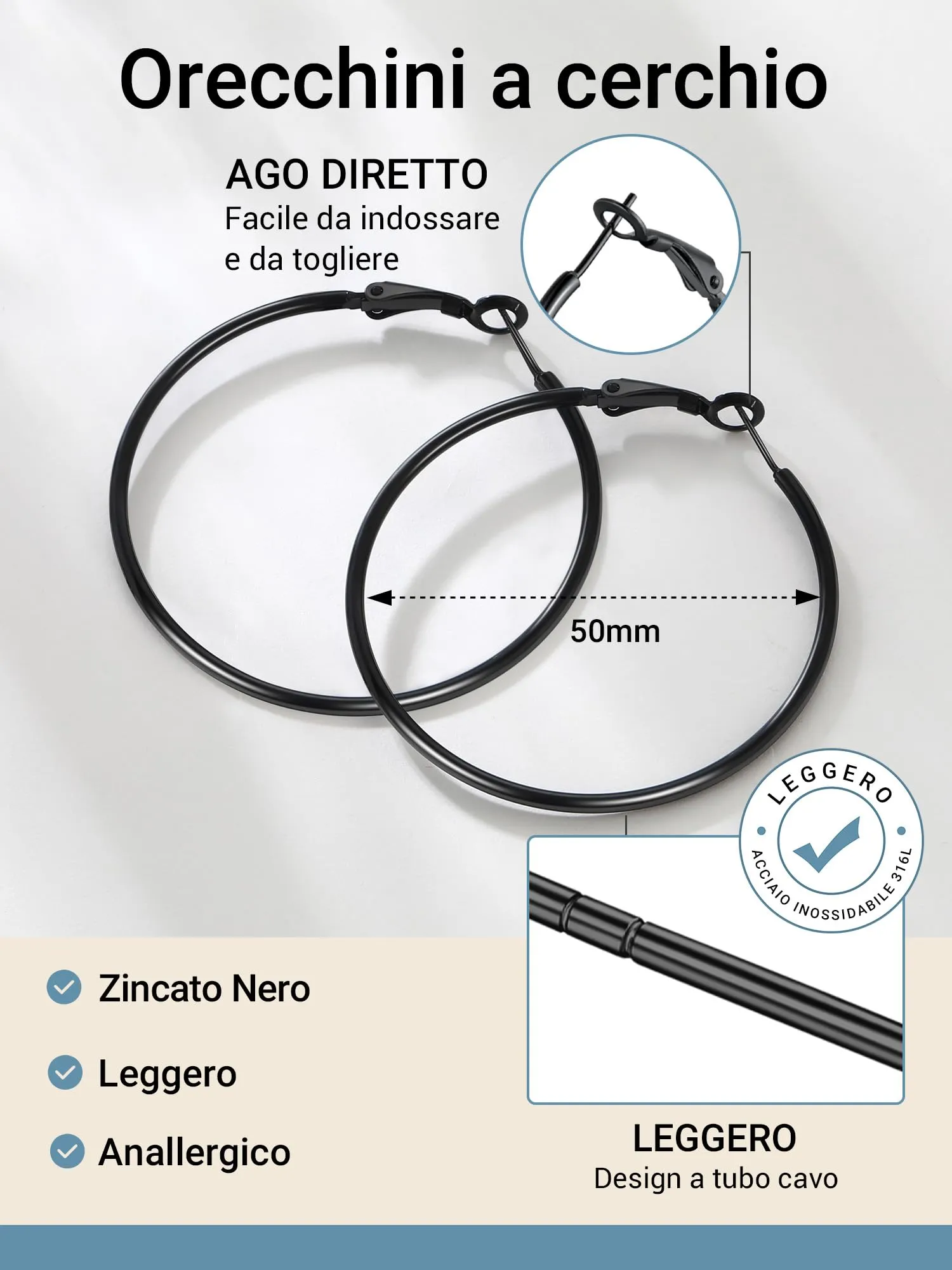 PROSTEEL Orecchini a Cerchio Donna Diametro 30/50/70/100mm Acciaio Inox 316L Argento Nero Oro - immagine 6
