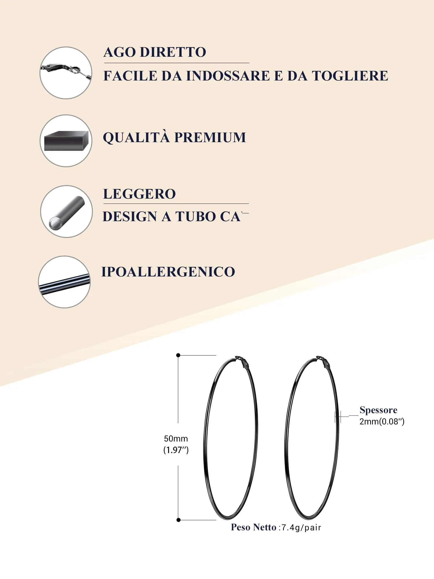 PROSTEEL Orecchini a Cerchio Donna Diametro 30/50/70/100mm Acciaio Inox 316L Argento Nero Oro - immagine 7