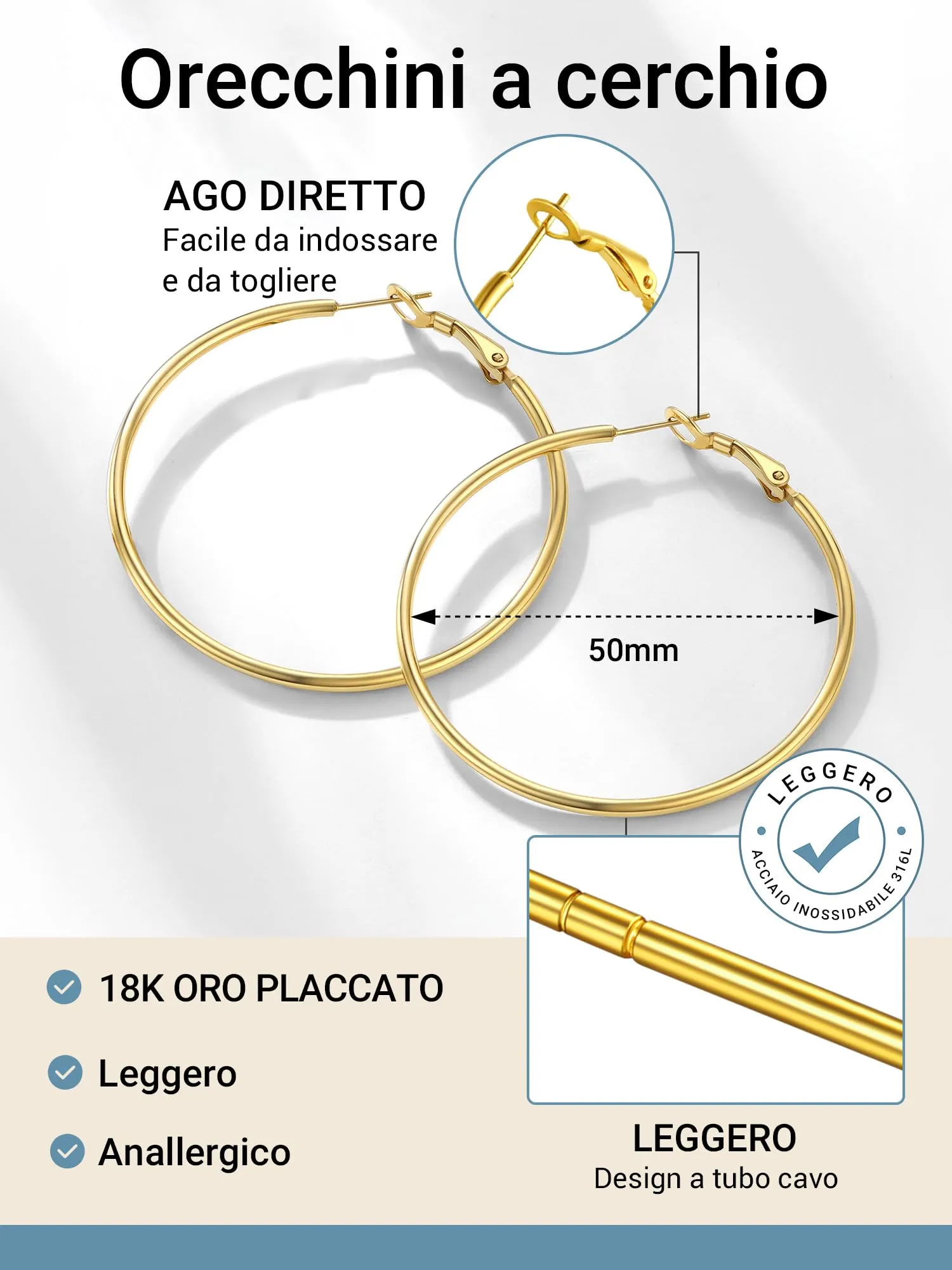 PROSTEEL Orecchini a Cerchio Donna Placcati Oro 18K, 50 mm - immagine 3