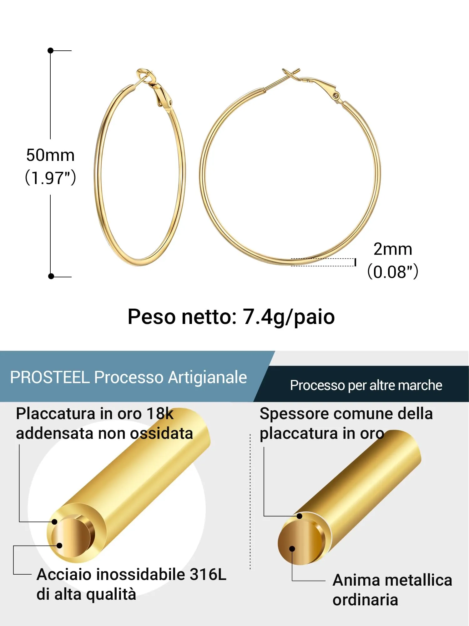 PROSTEEL Orecchini a Cerchio Donna Placcati Oro 18K, 50 mm - immagine 5