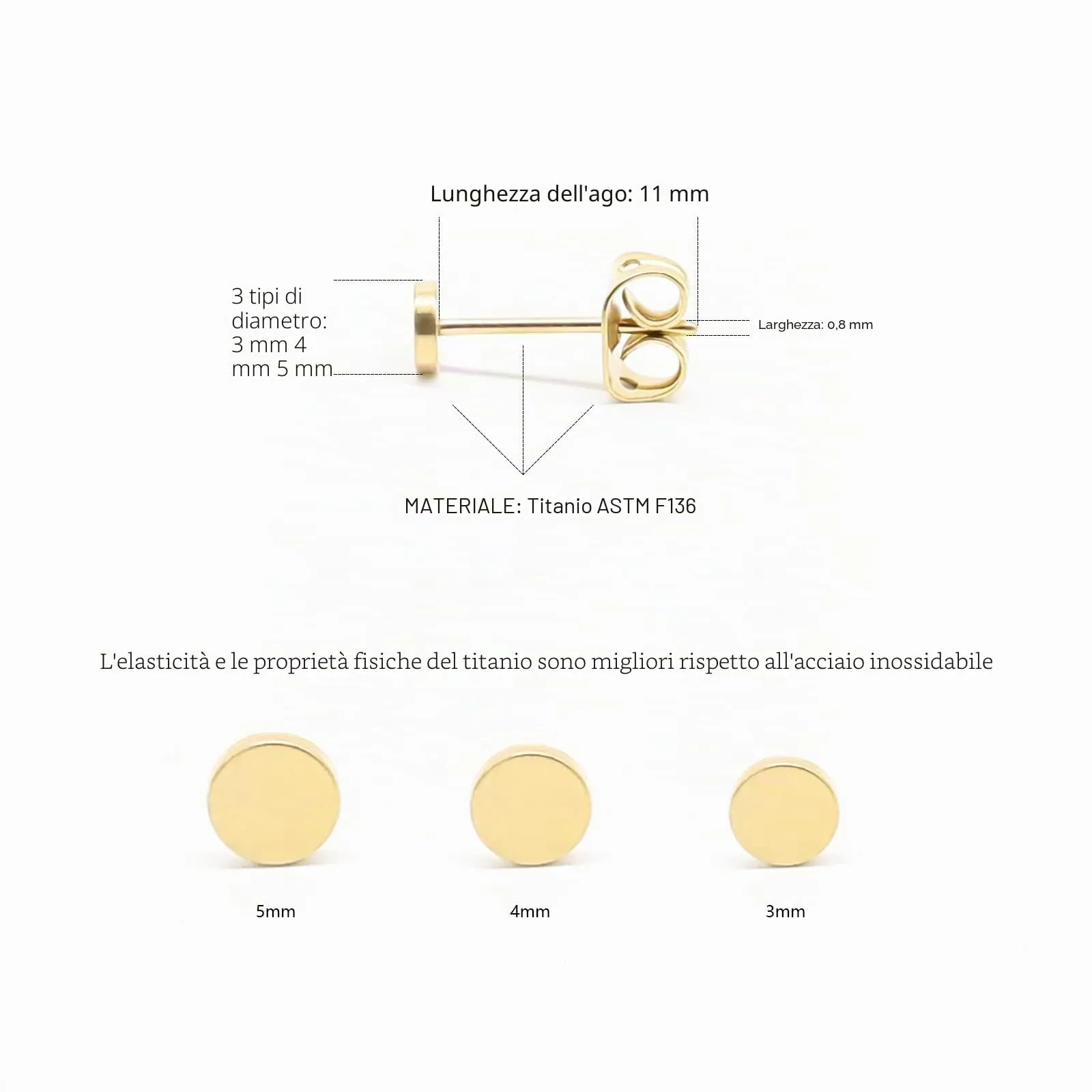 Artskin Orecchini a bottone in titanio ipoallergenico, 3mm, Oro - immagine 2