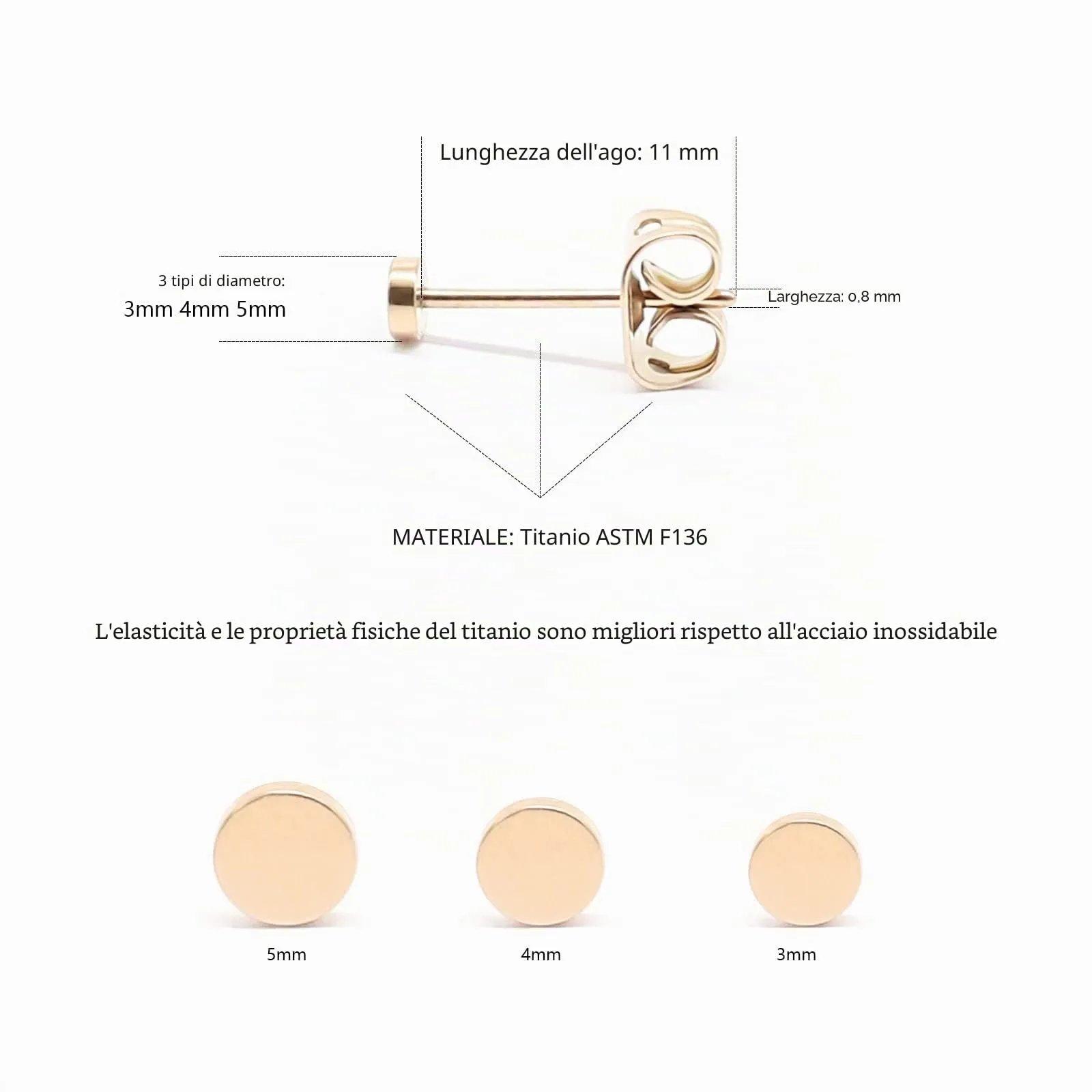 Artskin Orecchini a bottone in titanio ipoallergenici a punto piatto, 5 mm, Oro Rosa - immagine 2
