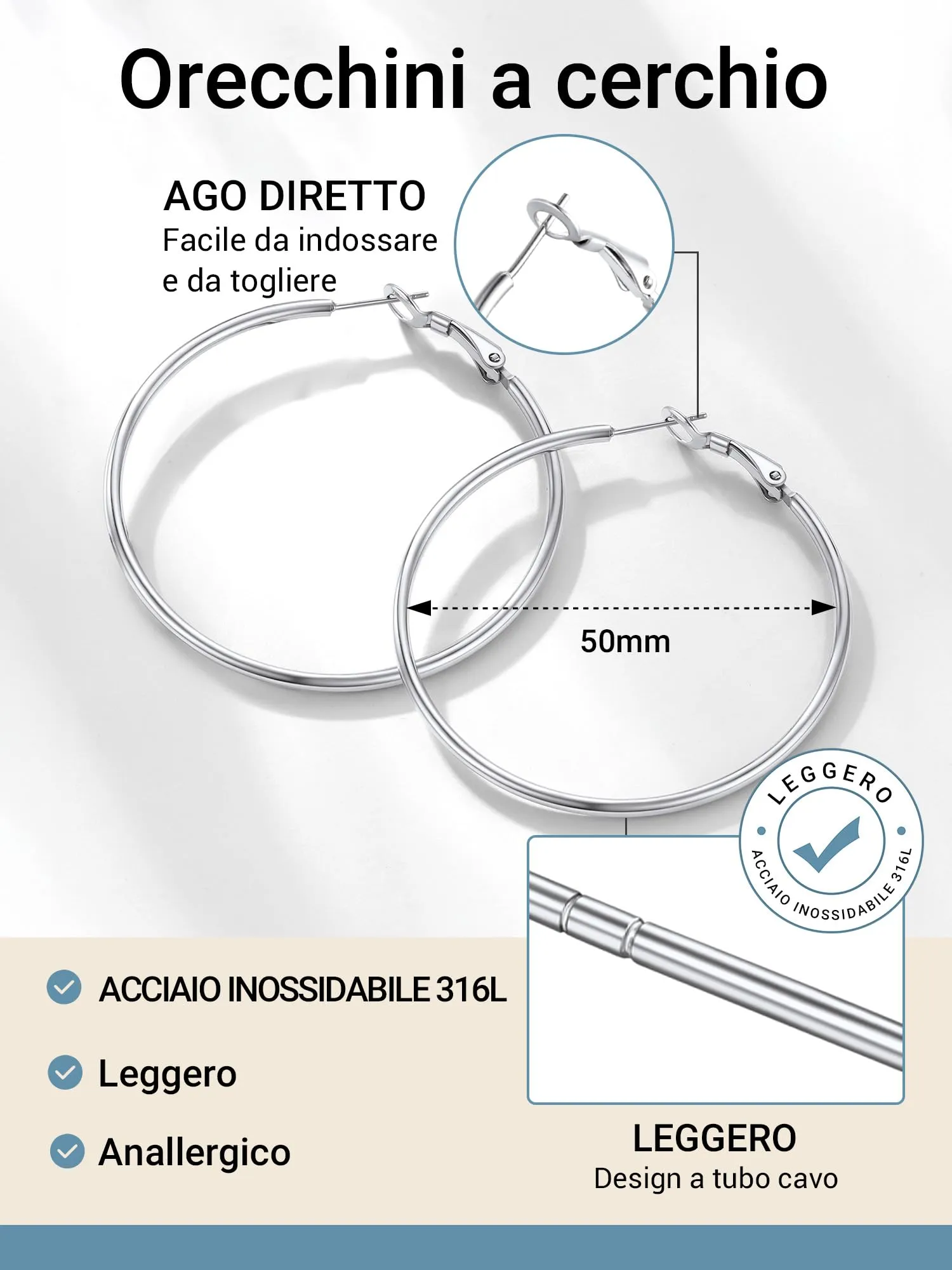 PROSTEEL Orecchini a Cerchio Donna, Acciaio Inossidabile, Diametro 50 mm, Argento - immagine 3