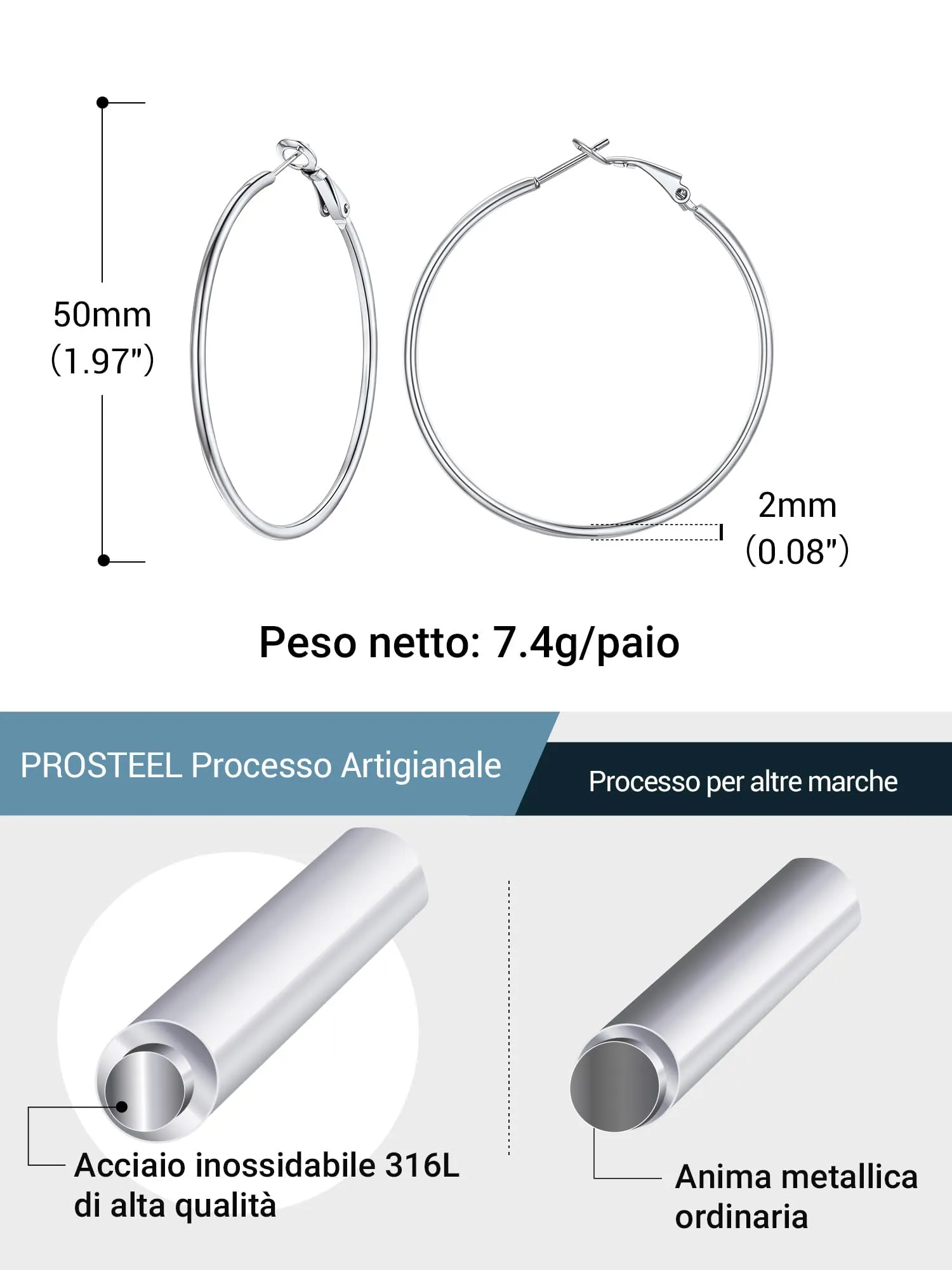 PROSTEEL Orecchini a Cerchio Donna, Acciaio Inossidabile, Diametro 50 mm, Argento - immagine 6