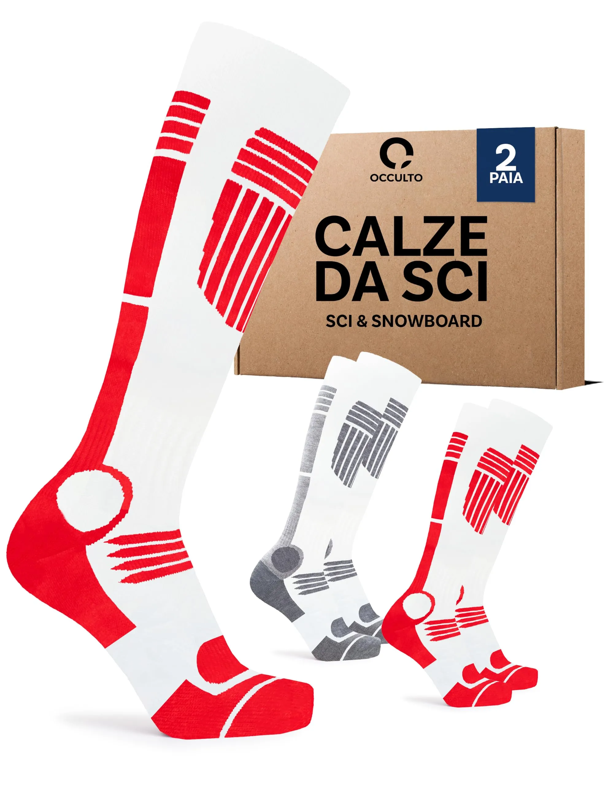 Occulto Calze Sci Termiche da Donna, 2 Paia (1 Bianca, 1 Rossa), 35-38 - immagine 1